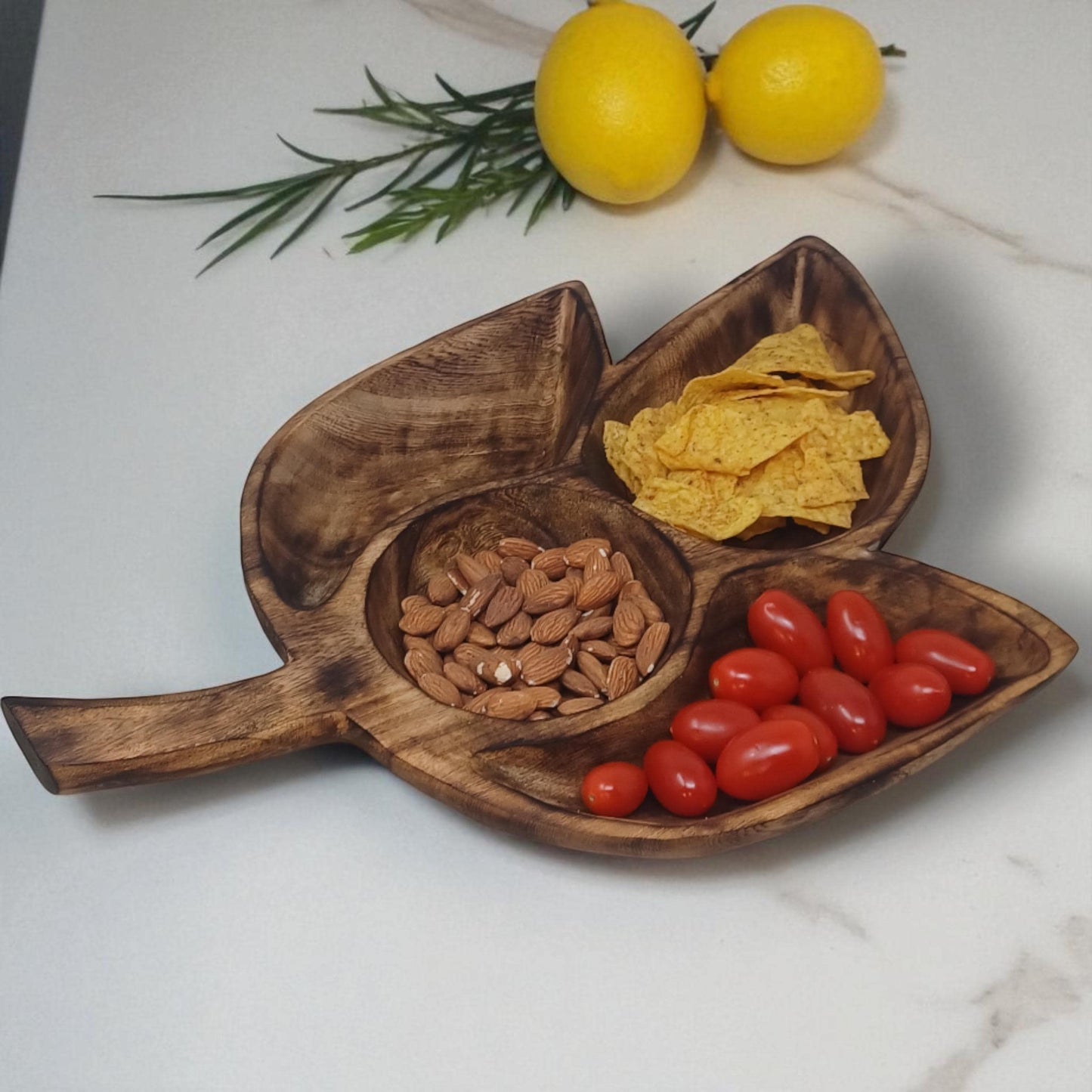 Clover Leaf Olivewood Serving Tray | 4-Section Snack Dish, Rustic Wooden Bowl for Parties & Holidays