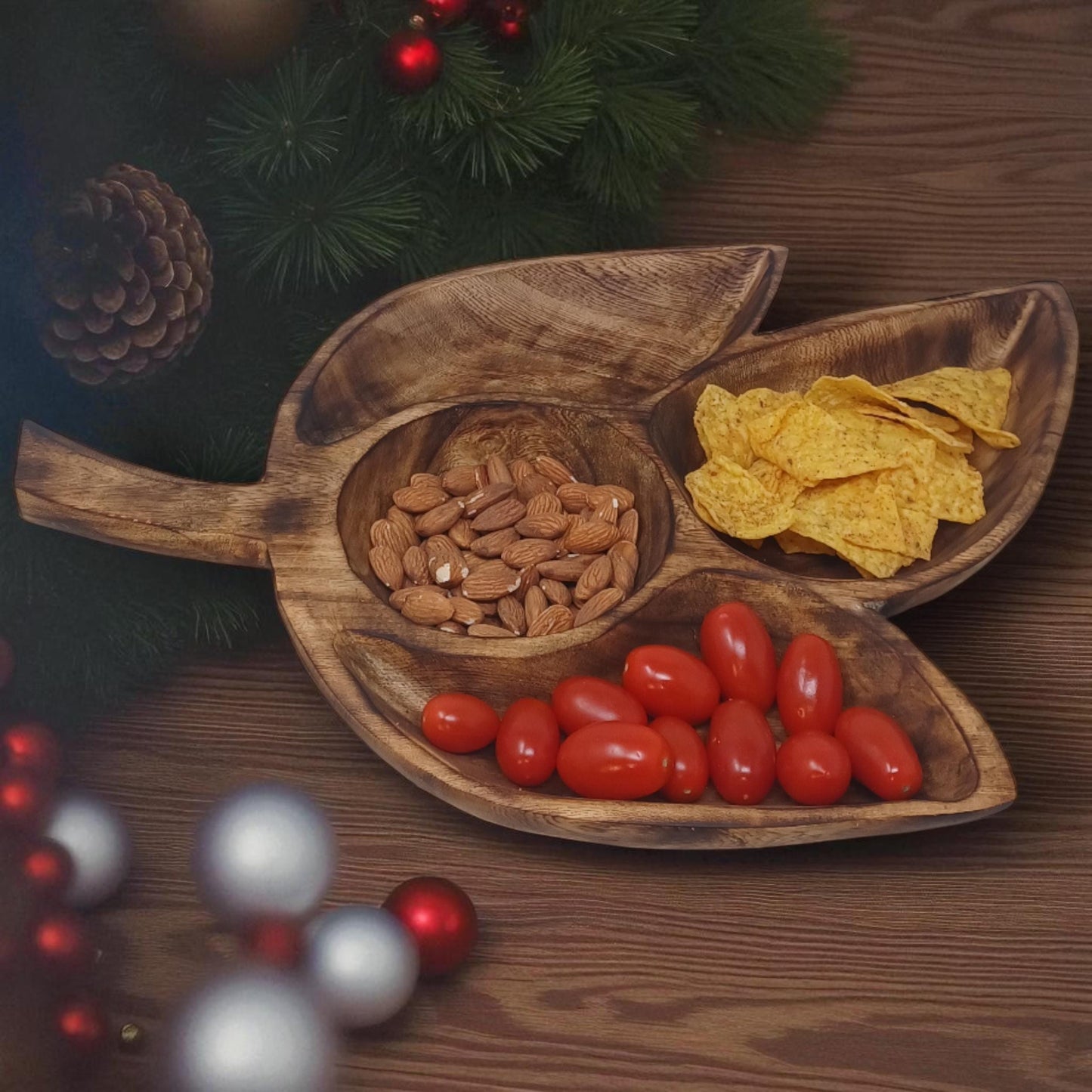 Clover Leaf Olivewood Serving Tray | 4-Section Snack Dish, Rustic Wooden Bowl for Parties & Holidays