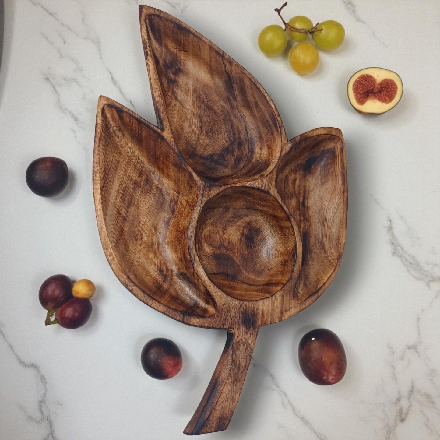 Clover Leaf Olivewood Serving Tray | 4-Section Snack Dish, Rustic Wooden Bowl for Parties & Holidays
