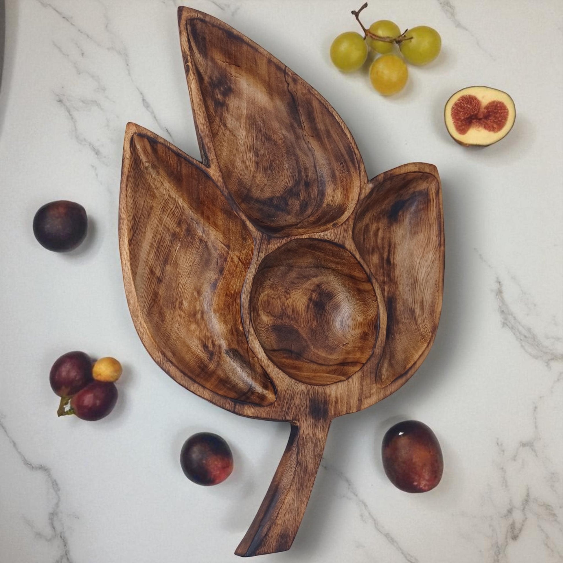 Clover Leaf Olivewood Serving Tray | 4-Section Snack Dish, Rustic Wooden Bowl for Parties & Holidays