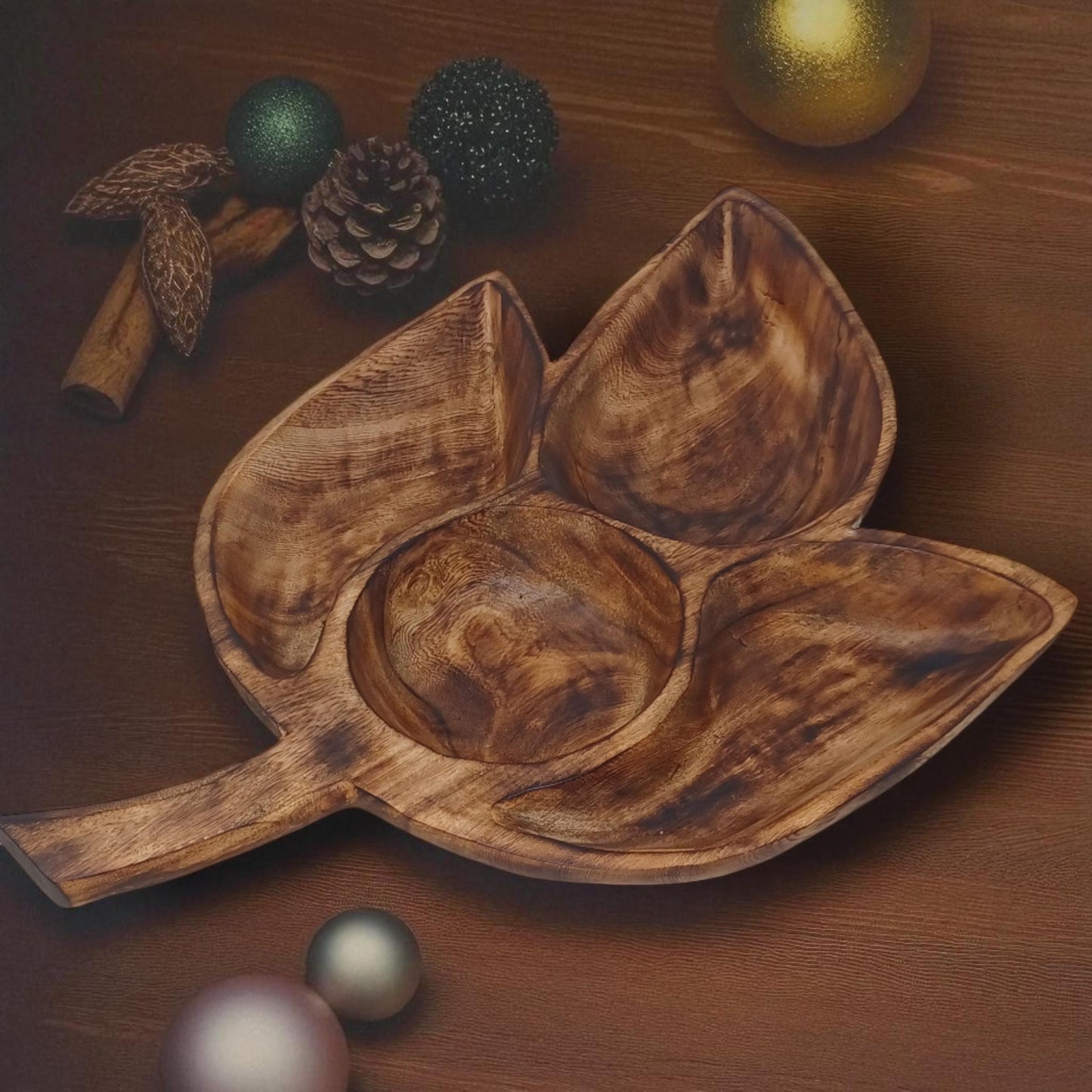 Clover Leaf Olivewood Serving Tray | 4-Section Snack Dish, Rustic Wooden Bowl for Parties & Holidays