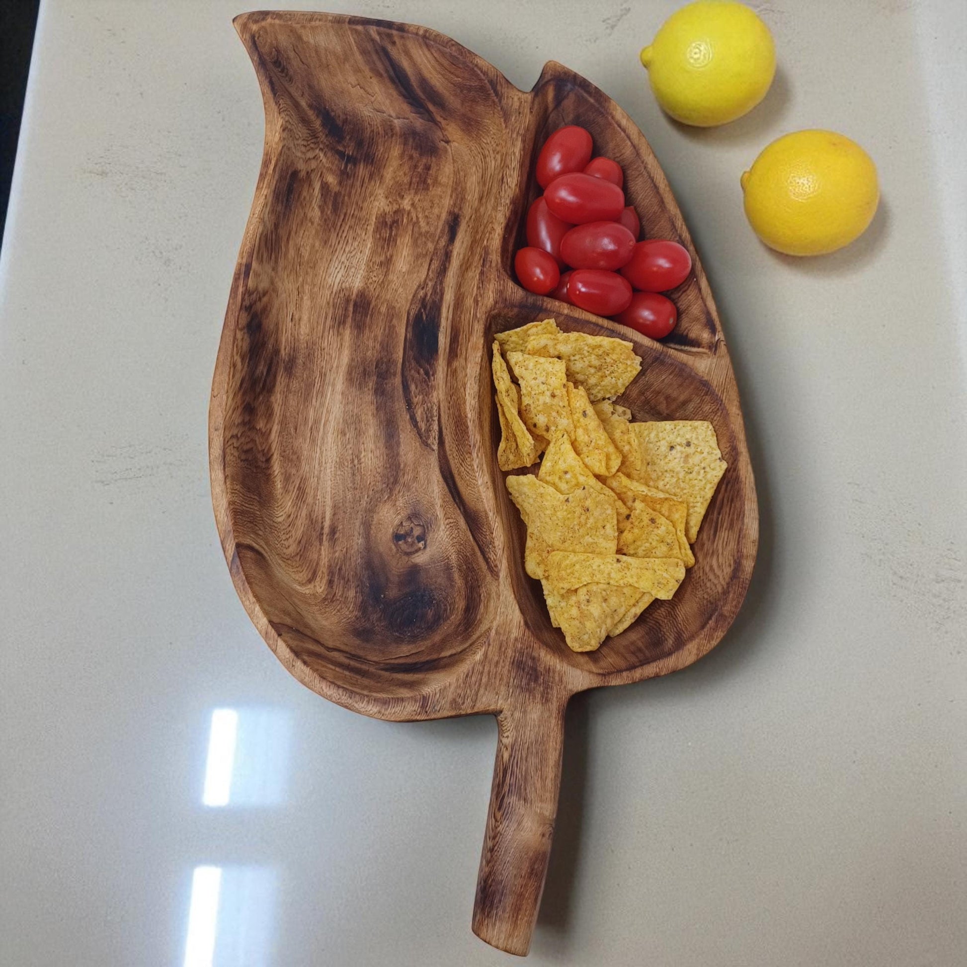 Hand-Carved Olivewood Charcuterie Tray: Leaf Shaped Wooden Platter
