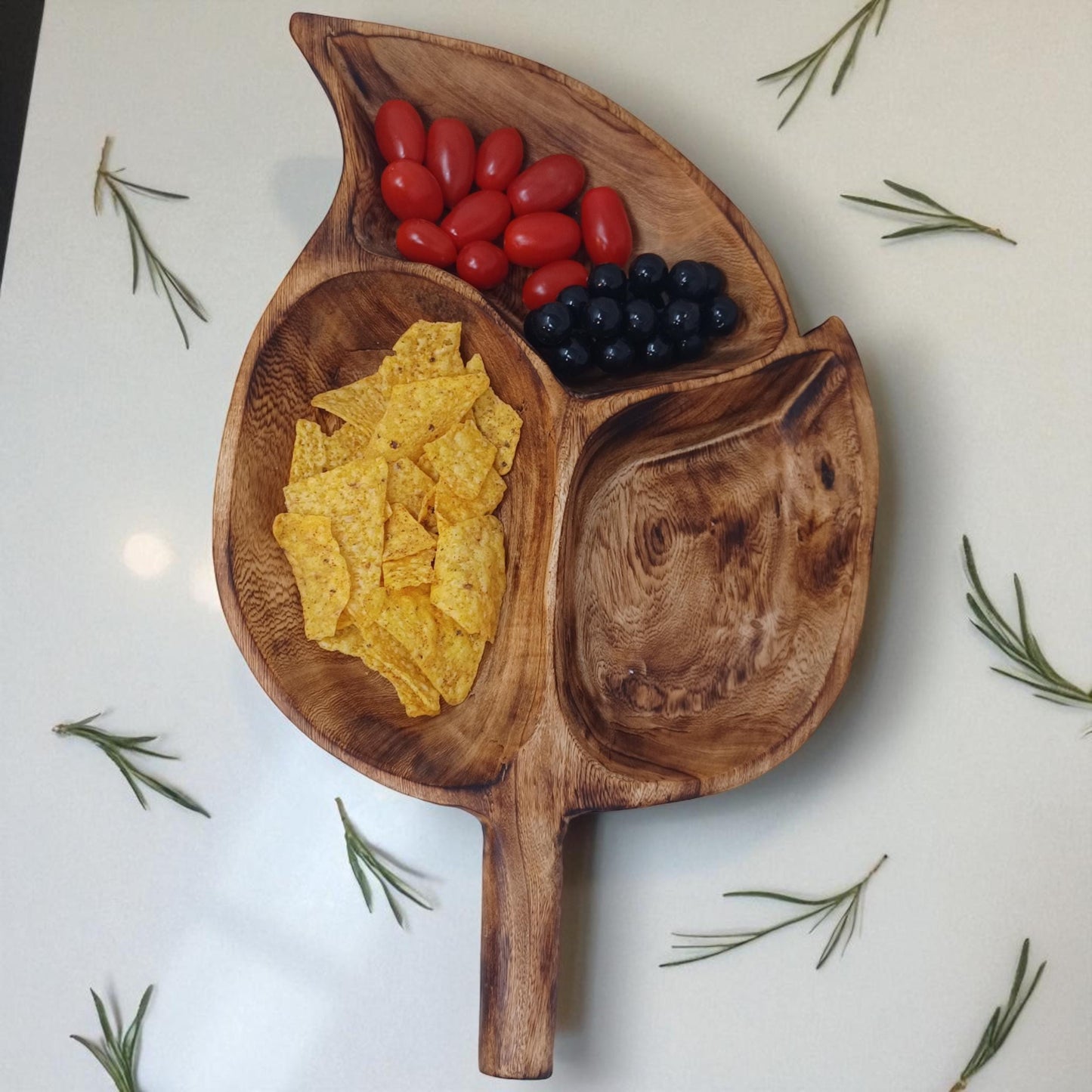 Divided Olivewood Leaf Snack Tray | Handcrafted Wooden Serving Bowl, Rustic Tableware, Appetizer Dish
