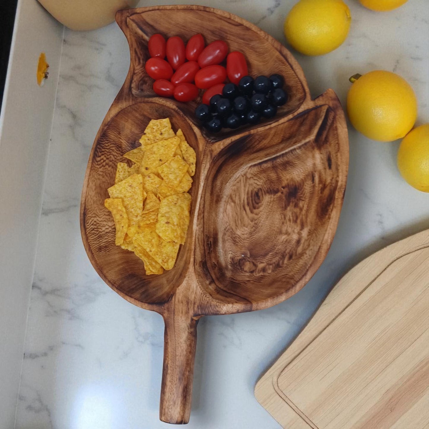 Divided Olivewood Leaf Snack Tray | Handcrafted Wooden Serving Bowl, Rustic Tableware, Appetizer Dish
