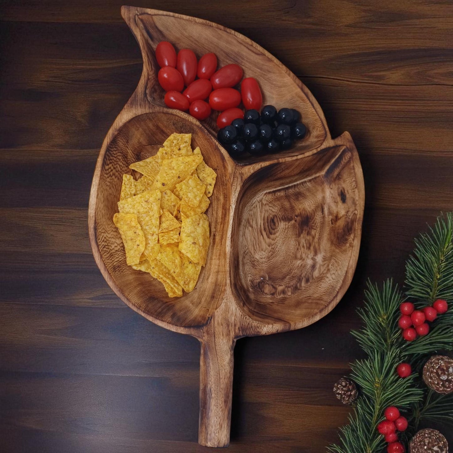 Divided Olivewood Leaf Snack Tray | Handcrafted Wooden Serving Bowl, Rustic Tableware, Appetizer Dish