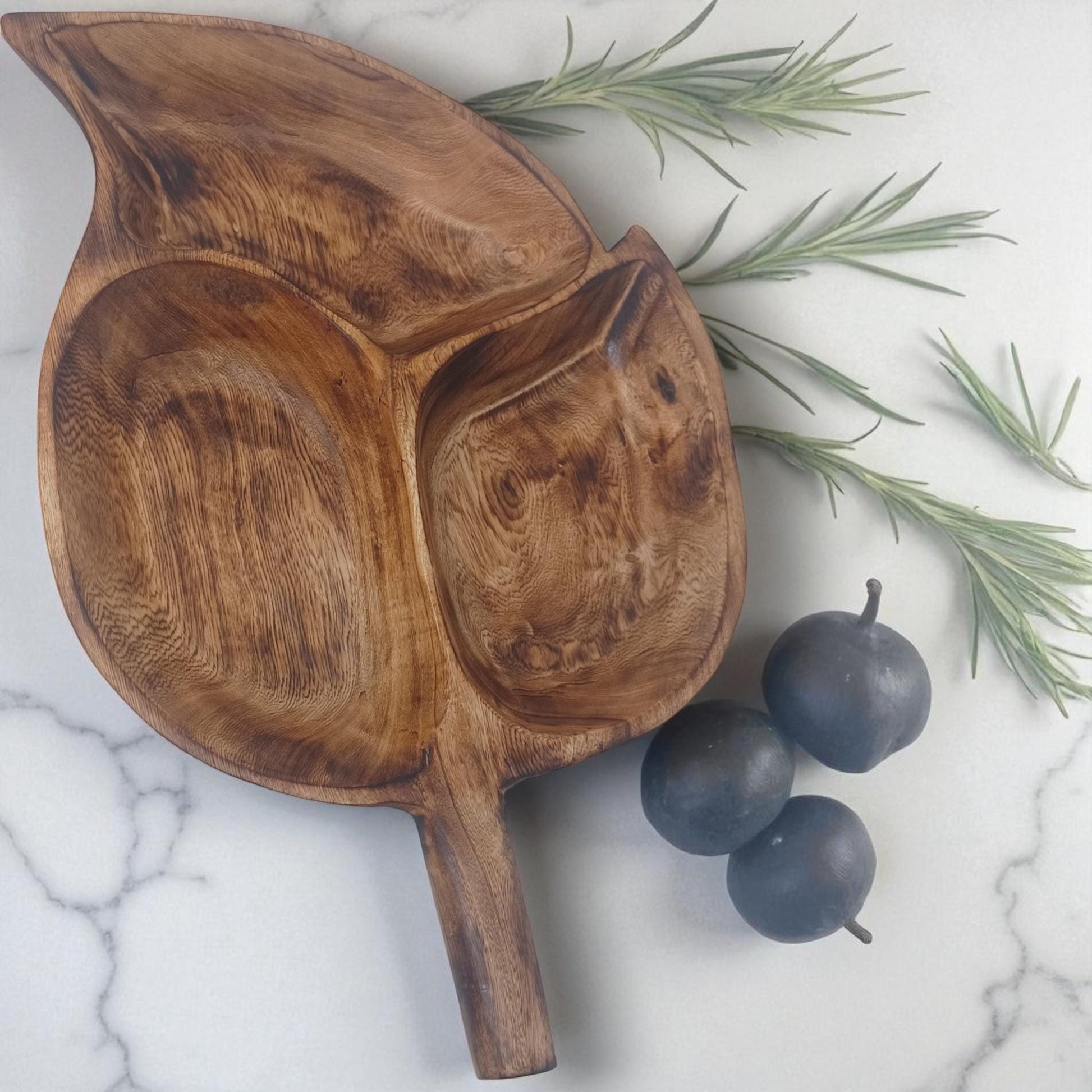 Divided Olivewood Leaf Snack Tray | Handcrafted Wooden Serving Bowl, Rustic Tableware, Appetizer Dish