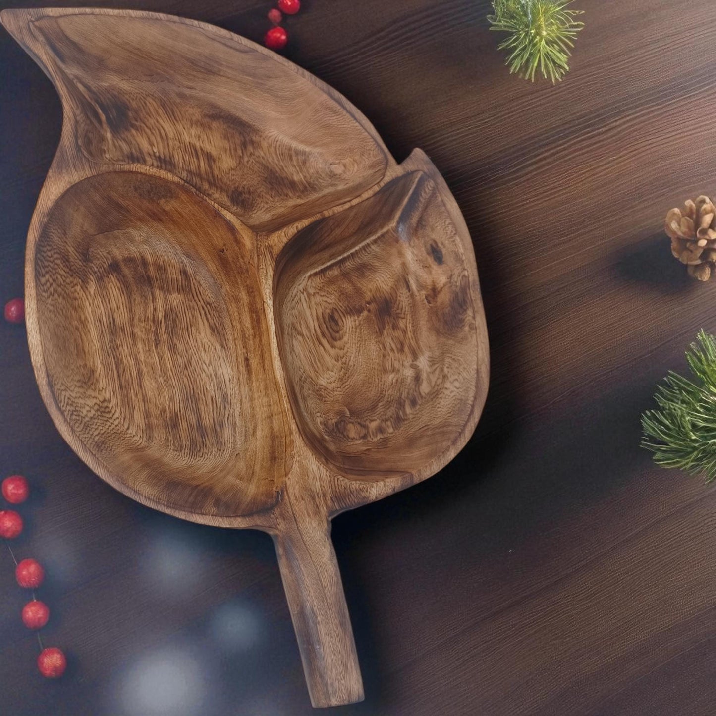 Divided Olivewood Leaf Snack Tray | Handcrafted Wooden Serving Bowl, Rustic Tableware, Appetizer Dish