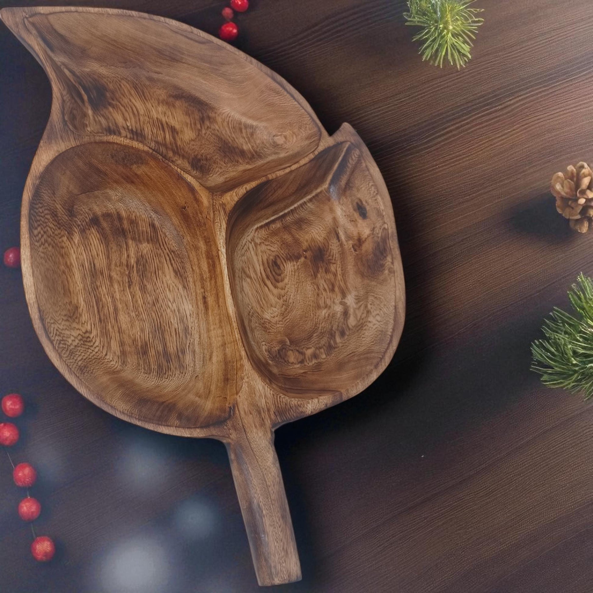 Divided Olivewood Leaf Snack Tray | Handcrafted Wooden Serving Bowl, Rustic Tableware, Appetizer Dish