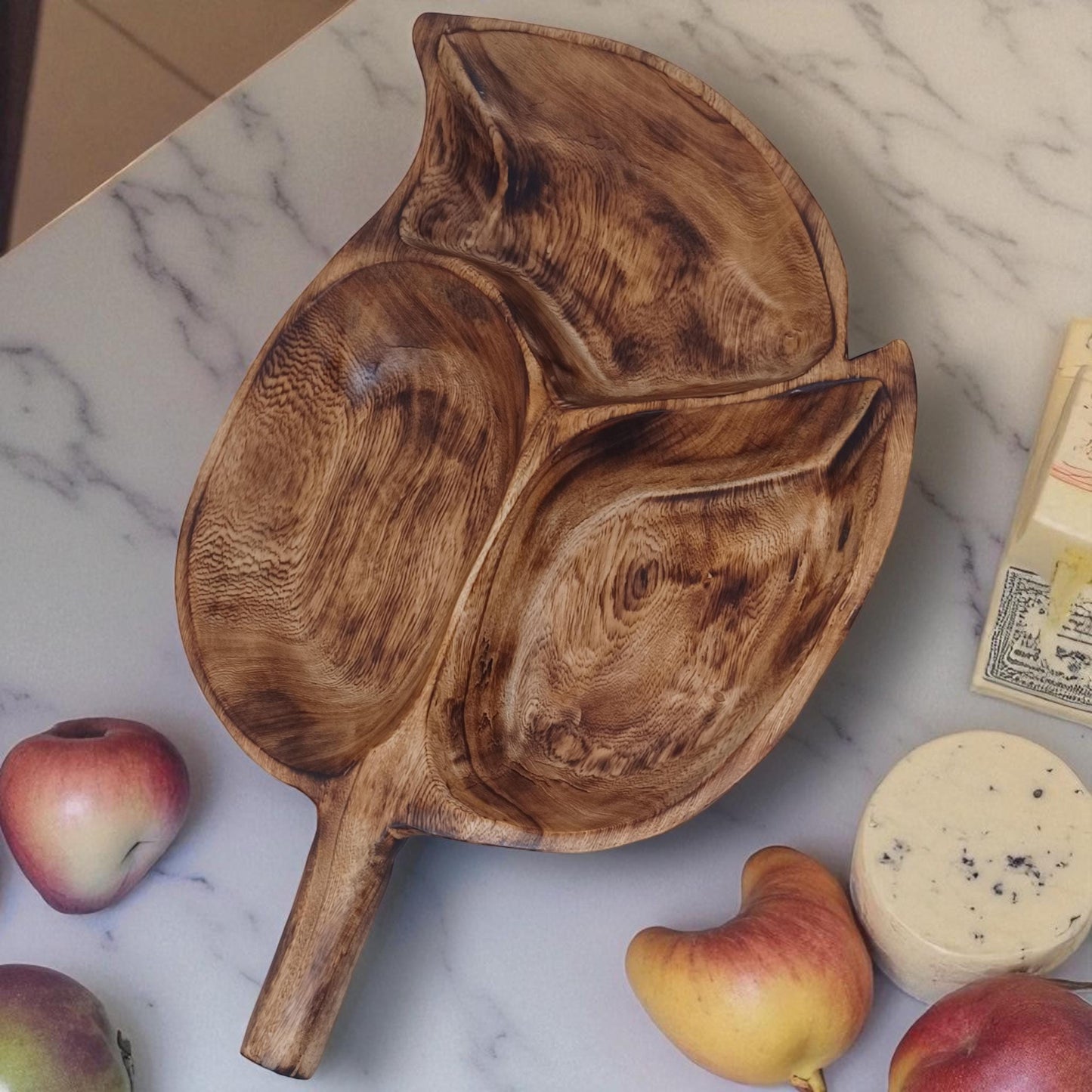 Divided Olivewood Leaf Snack Tray | Handcrafted Wooden Serving Bowl, Rustic Tableware, Appetizer Dish