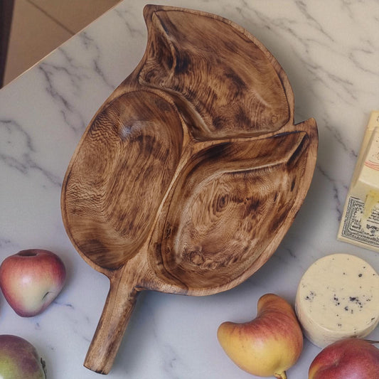 Divided Olivewood Leaf Snack Tray | Handcrafted Wooden Serving Bowl, Rustic Tableware, Appetizer Dish