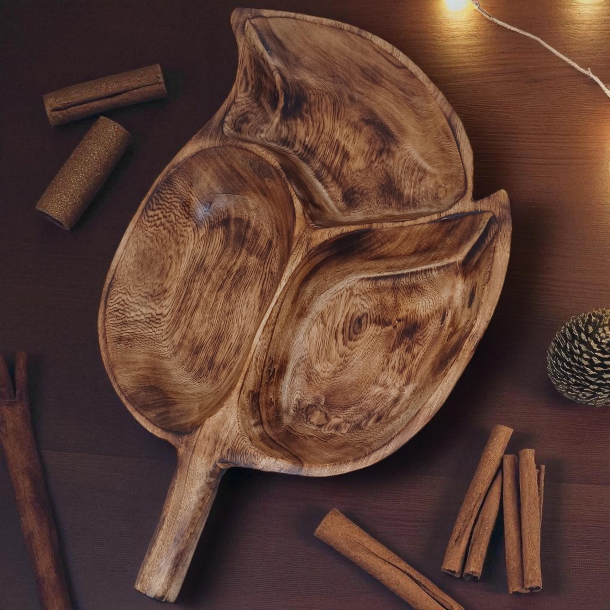 Divided Olivewood Leaf Snack Tray | Handcrafted Wooden Serving Bowl, Rustic Tableware, Appetizer Dish