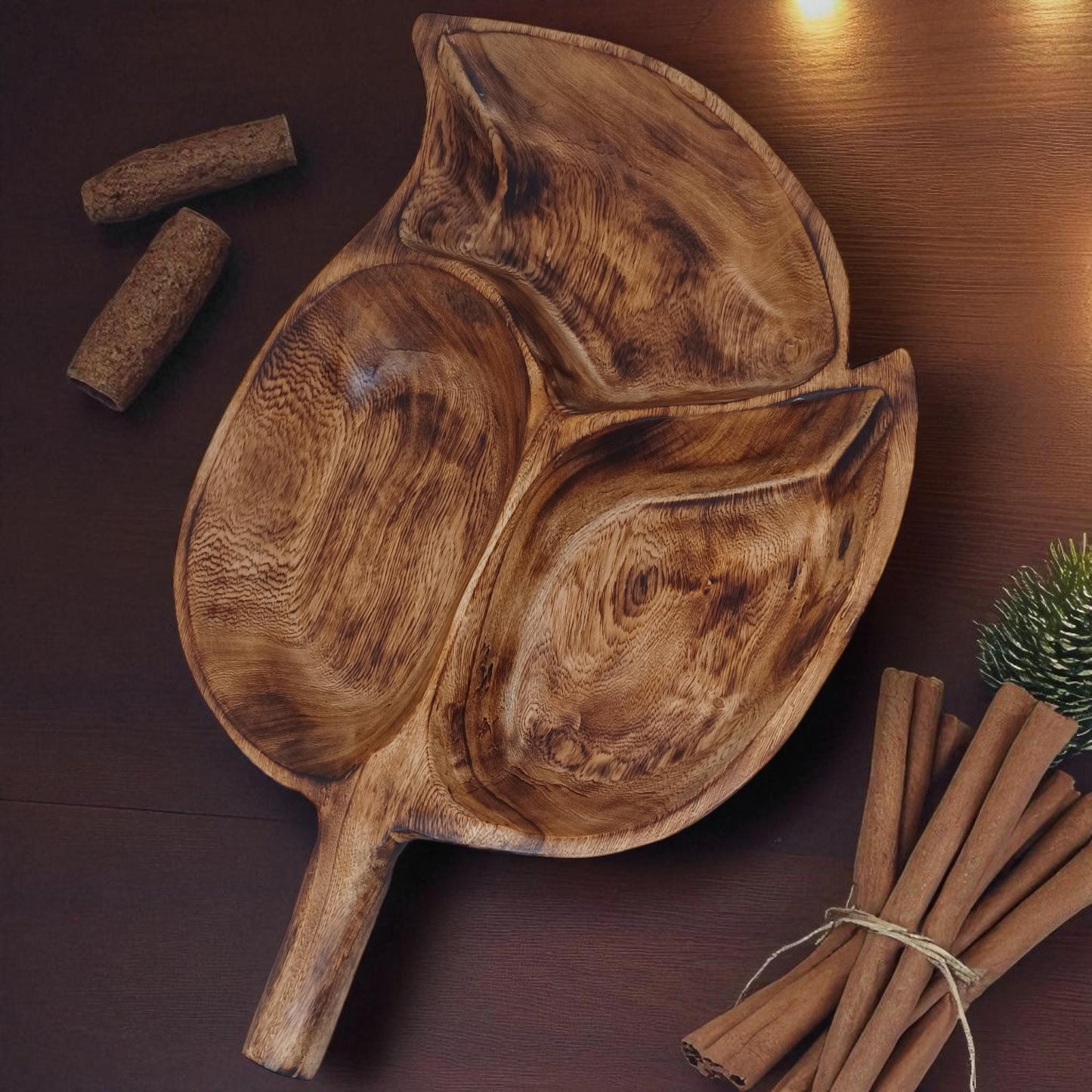 Divided Olivewood Leaf Snack Tray | Handcrafted Wooden Serving Bowl, Rustic Tableware, Appetizer Dish