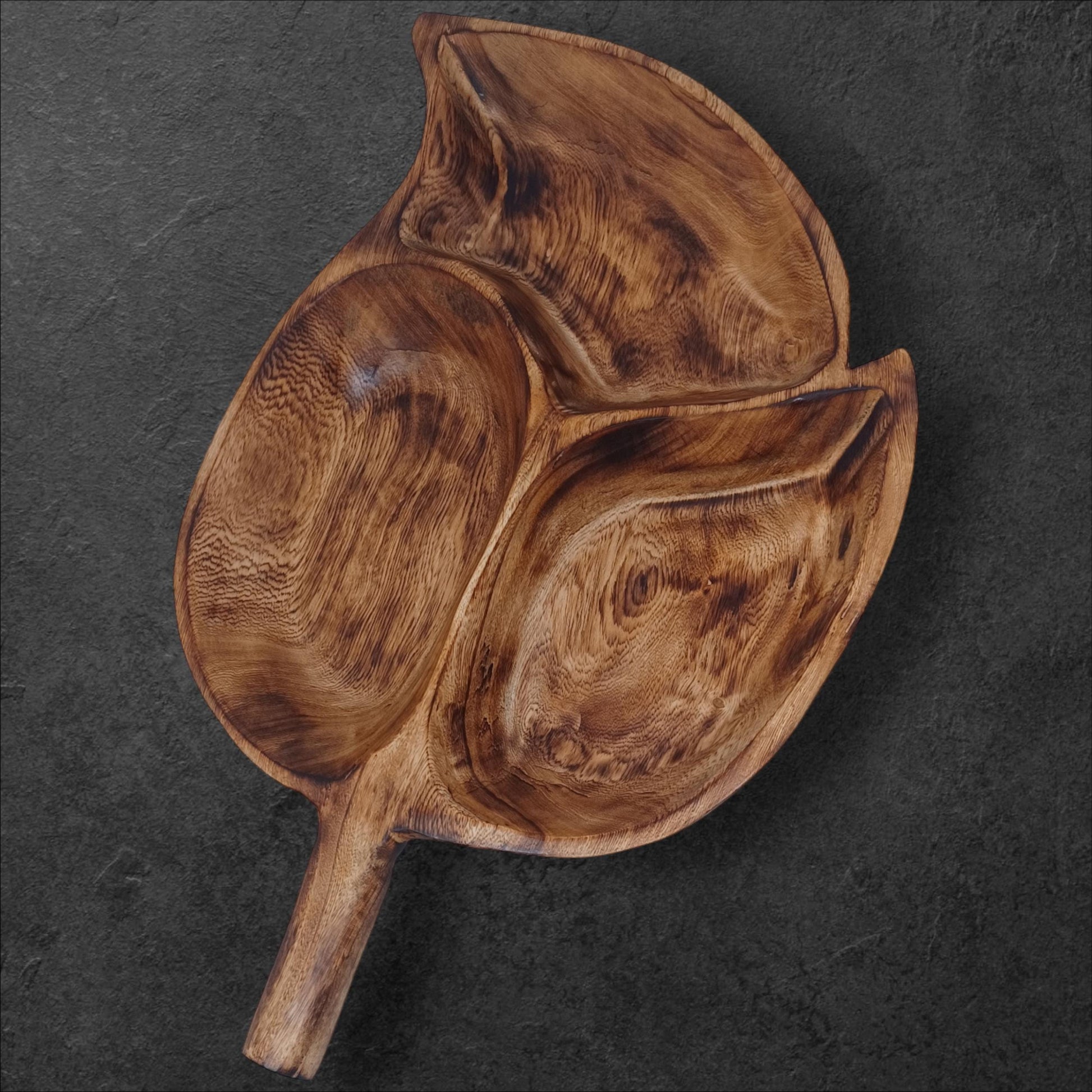 Divided Olivewood Leaf Snack Tray | Handcrafted Wooden Serving Bowl, Rustic Tableware, Appetizer Dish