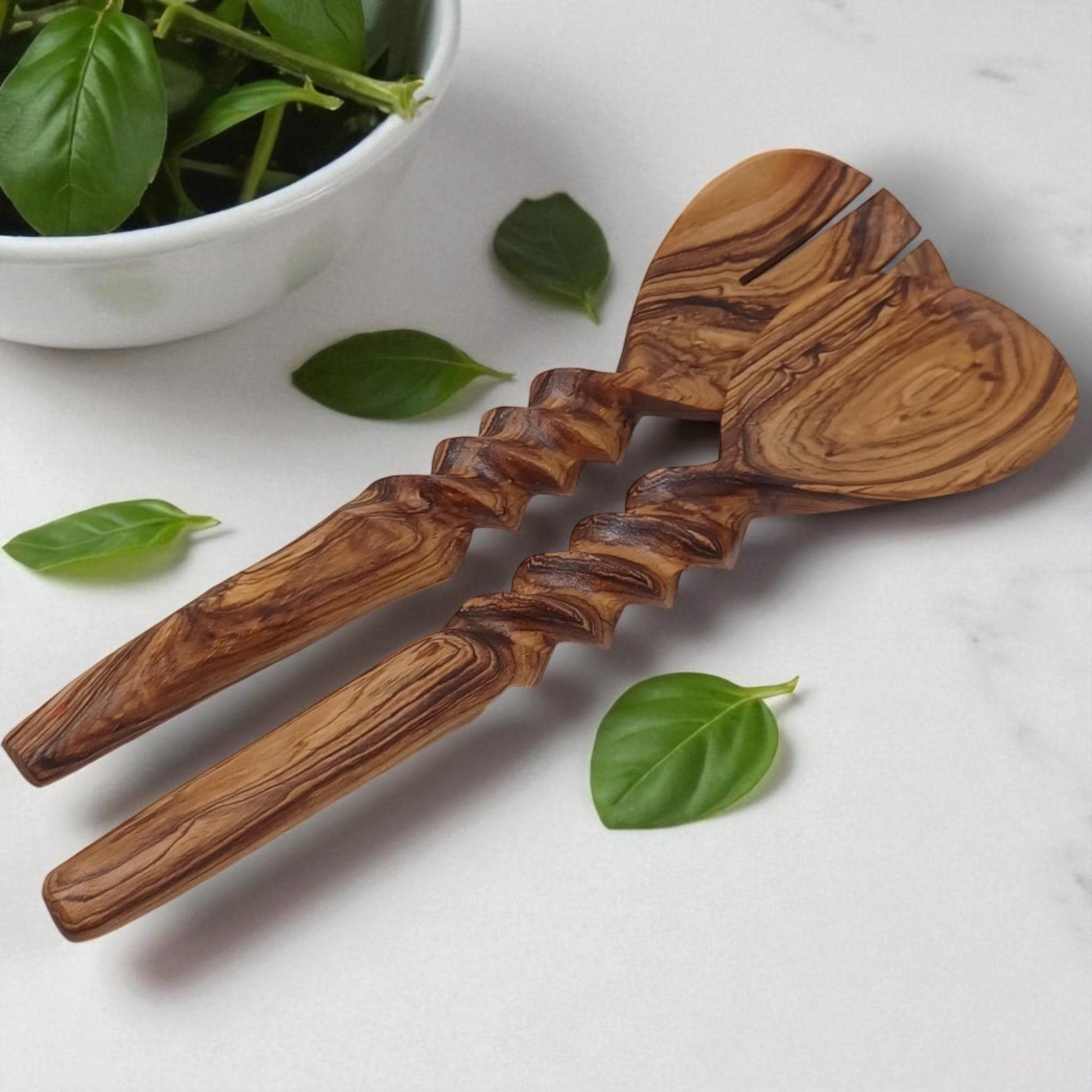 Hand-Carved Olivewood Salad Servers | Sustainable Kitchen Gift | Christmas & Housewarming Gift | Artisan Wooden Utensil gift