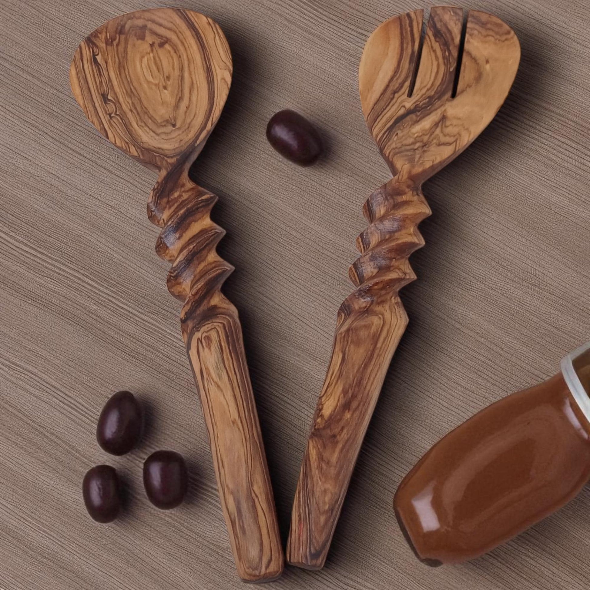 Hand-Carved Olivewood Salad Servers | Sustainable Kitchen Gift | Christmas & Housewarming Gift | Artisan Wooden Utensil gift