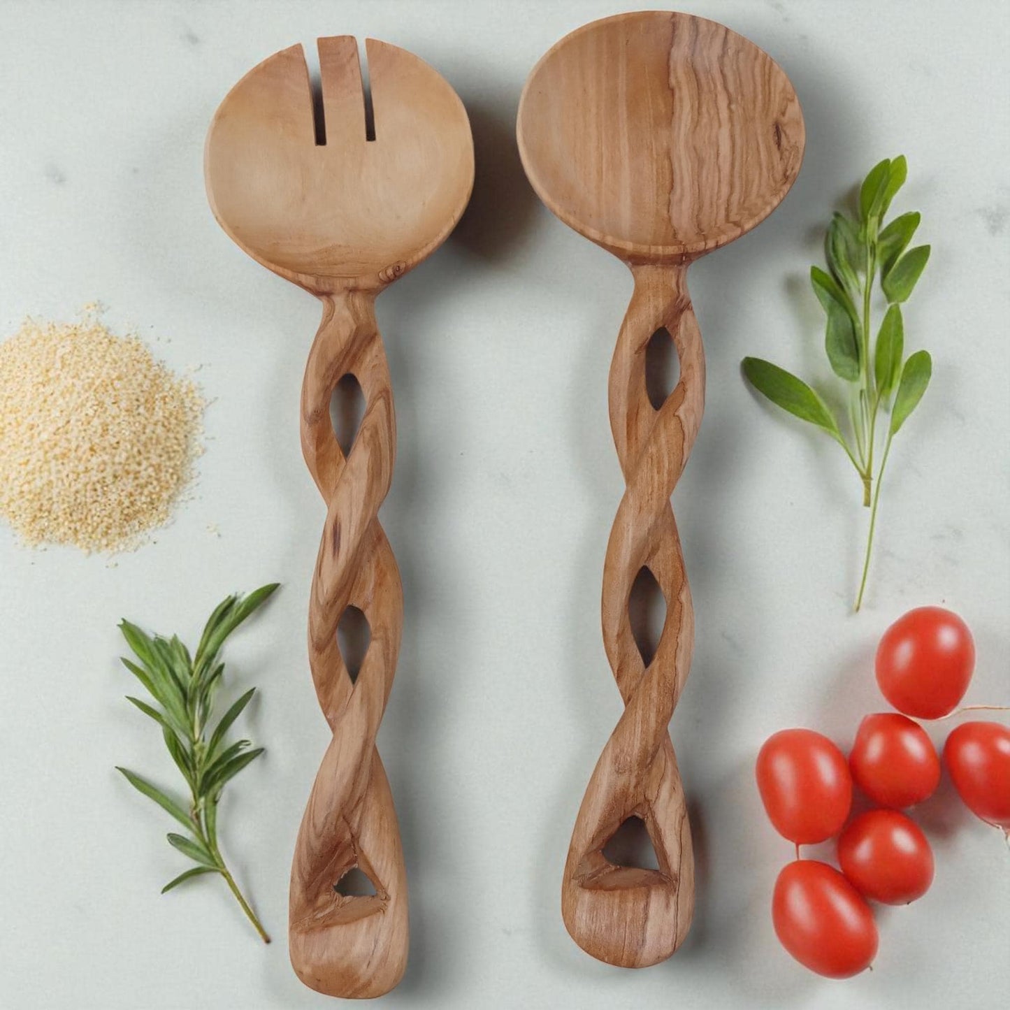 Hand-Carved Olivewood Salad Servers: Spiral Design, Chef Gift