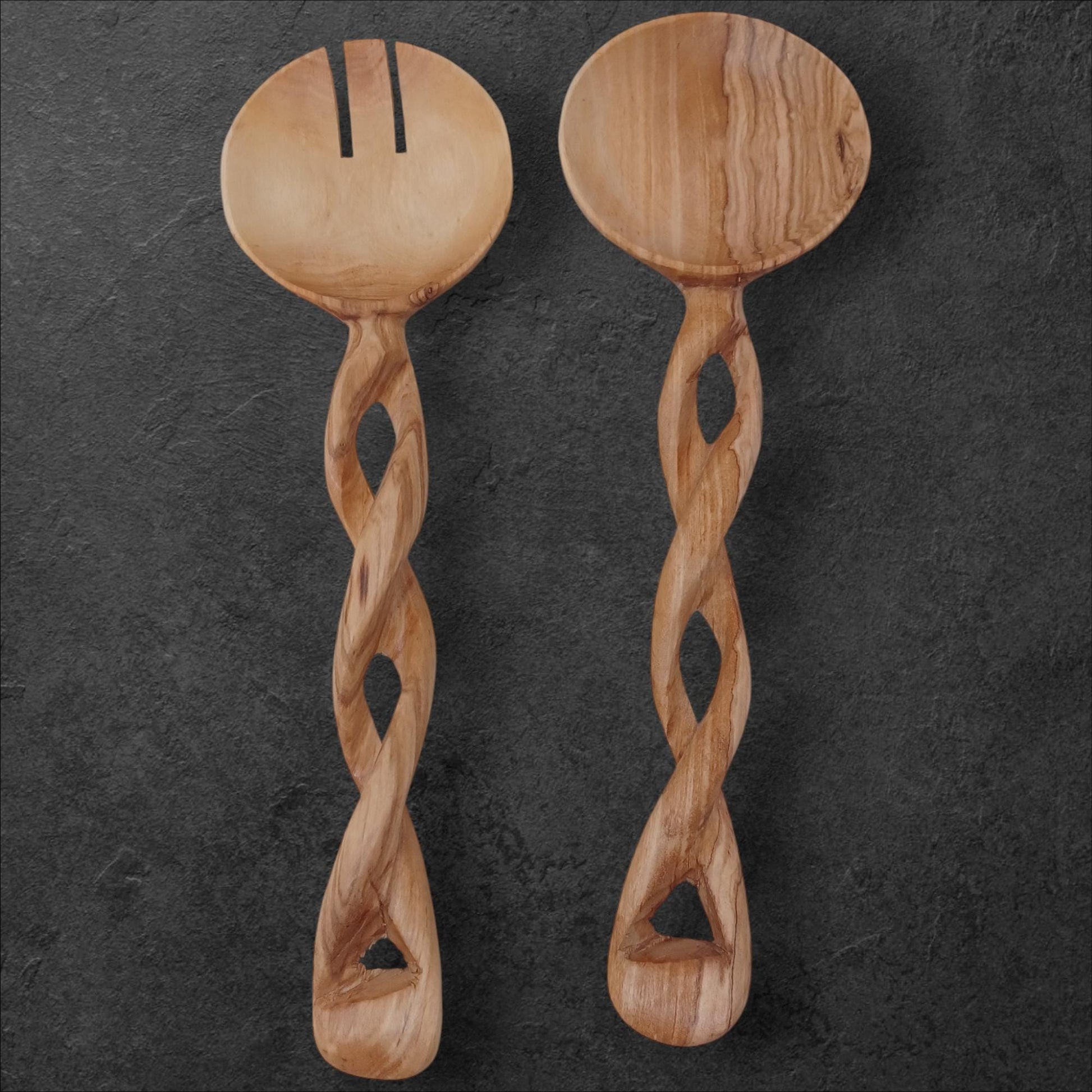 Hand-Carved Olivewood Salad Servers: Spiral Design, Chef Gift