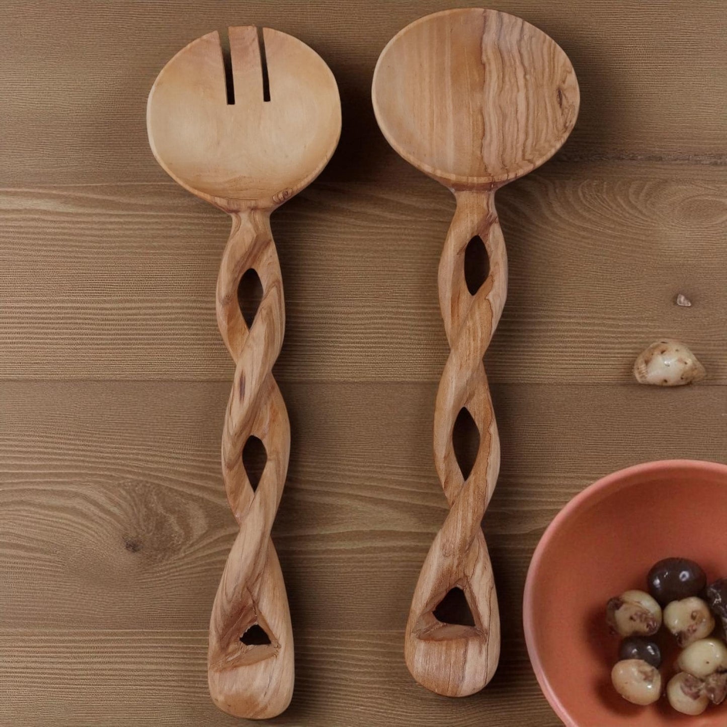 Hand-Carved Olivewood Salad Servers: Spiral Design, Chef Gift
