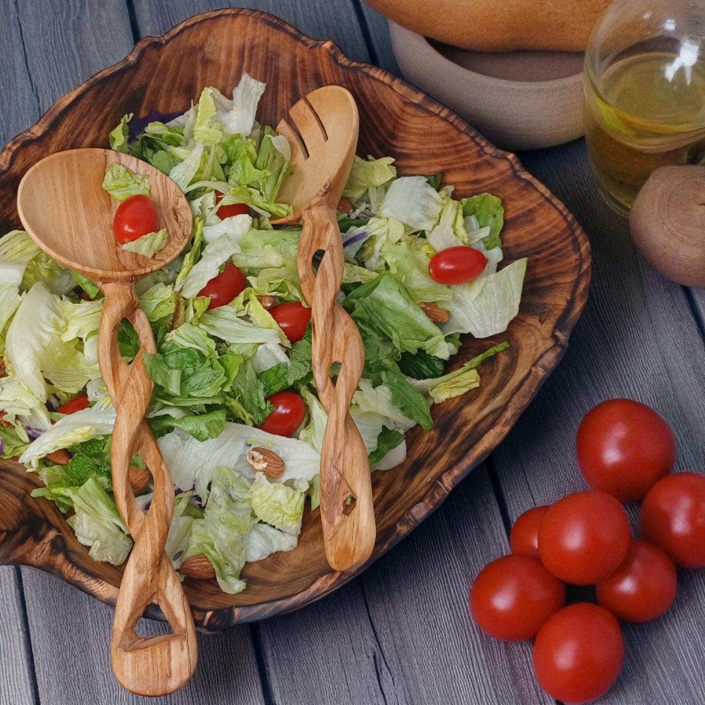 Hand-Carved Olivewood Salad Servers: Spiral Design, Chef Gift