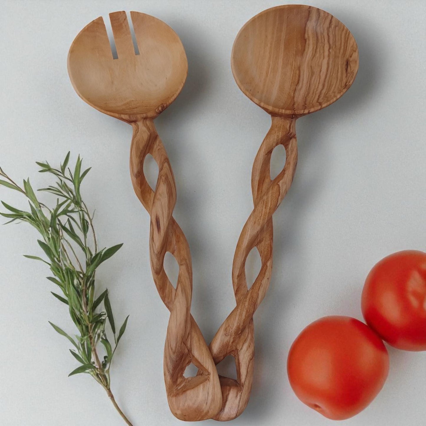 Hand-Carved Olivewood Salad Servers: Spiral Design, Chef Gift