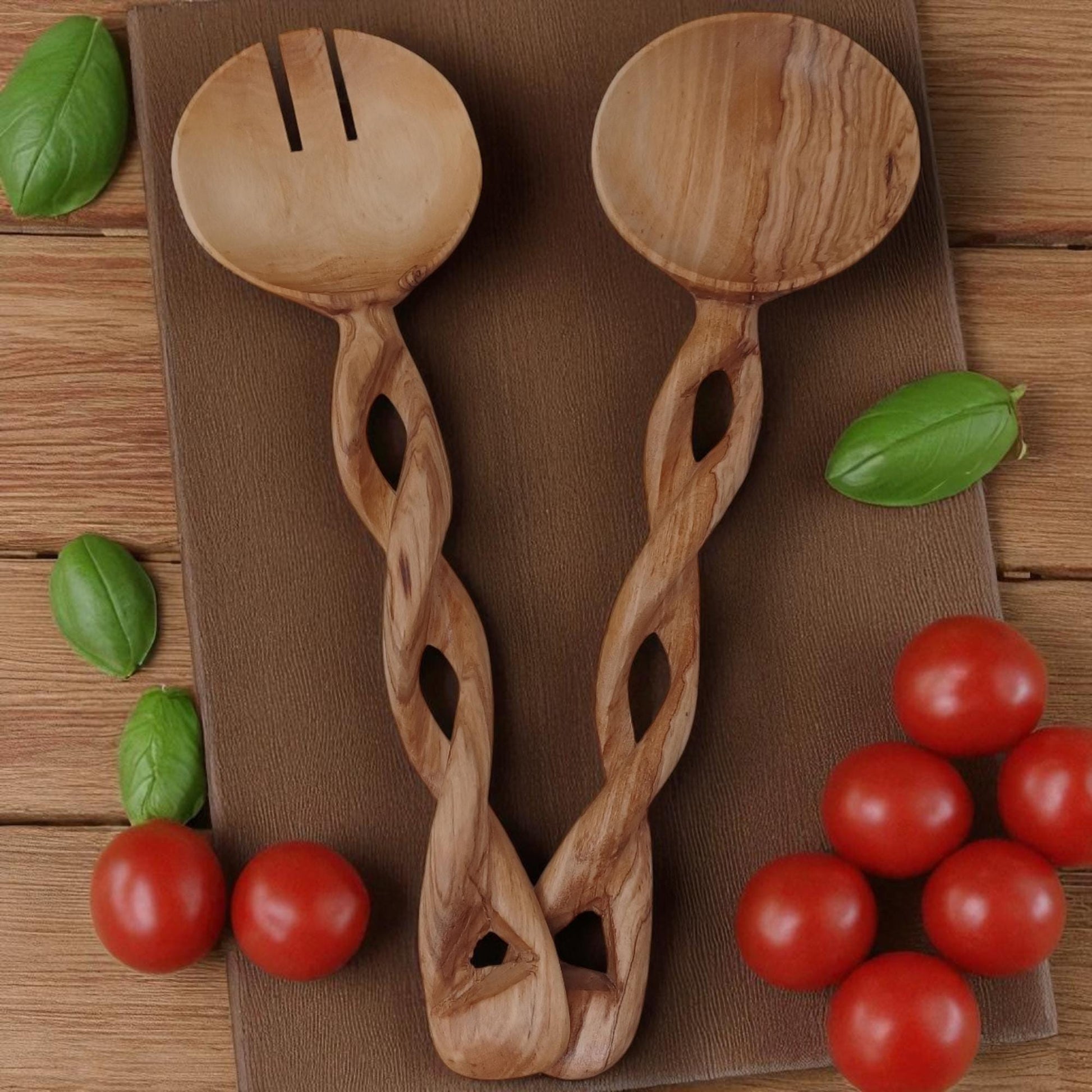 Hand-Carved Olivewood Salad Servers: Spiral Design, Chef Gift