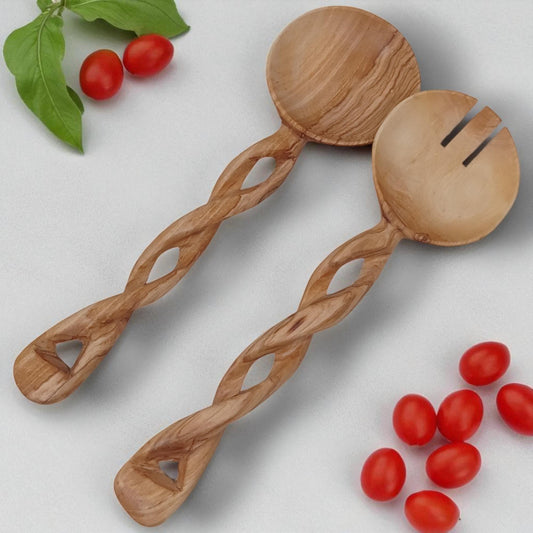 Hand-Carved Olivewood Salad Servers: Spiral Design, Chef Gift