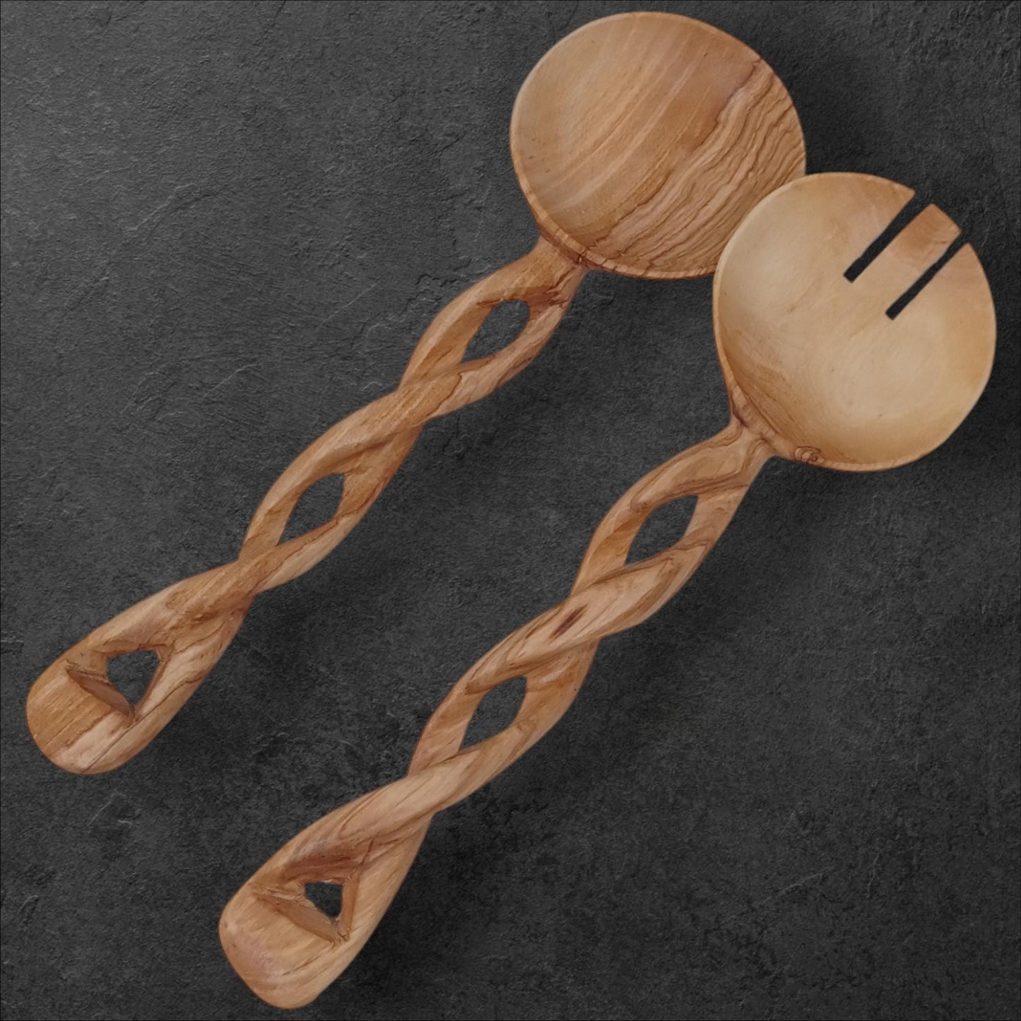 Hand-Carved Olivewood Salad Servers: Spiral Design, Chef Gift