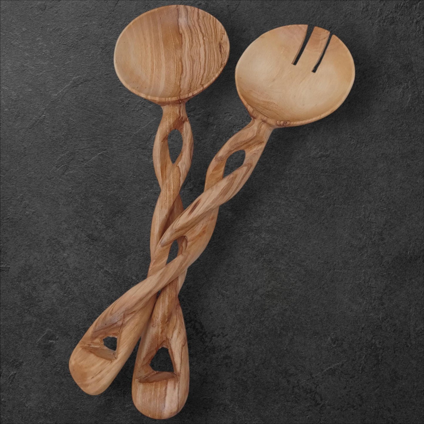Hand-Carved Olivewood Salad Servers: Spiral Design, Chef Gift