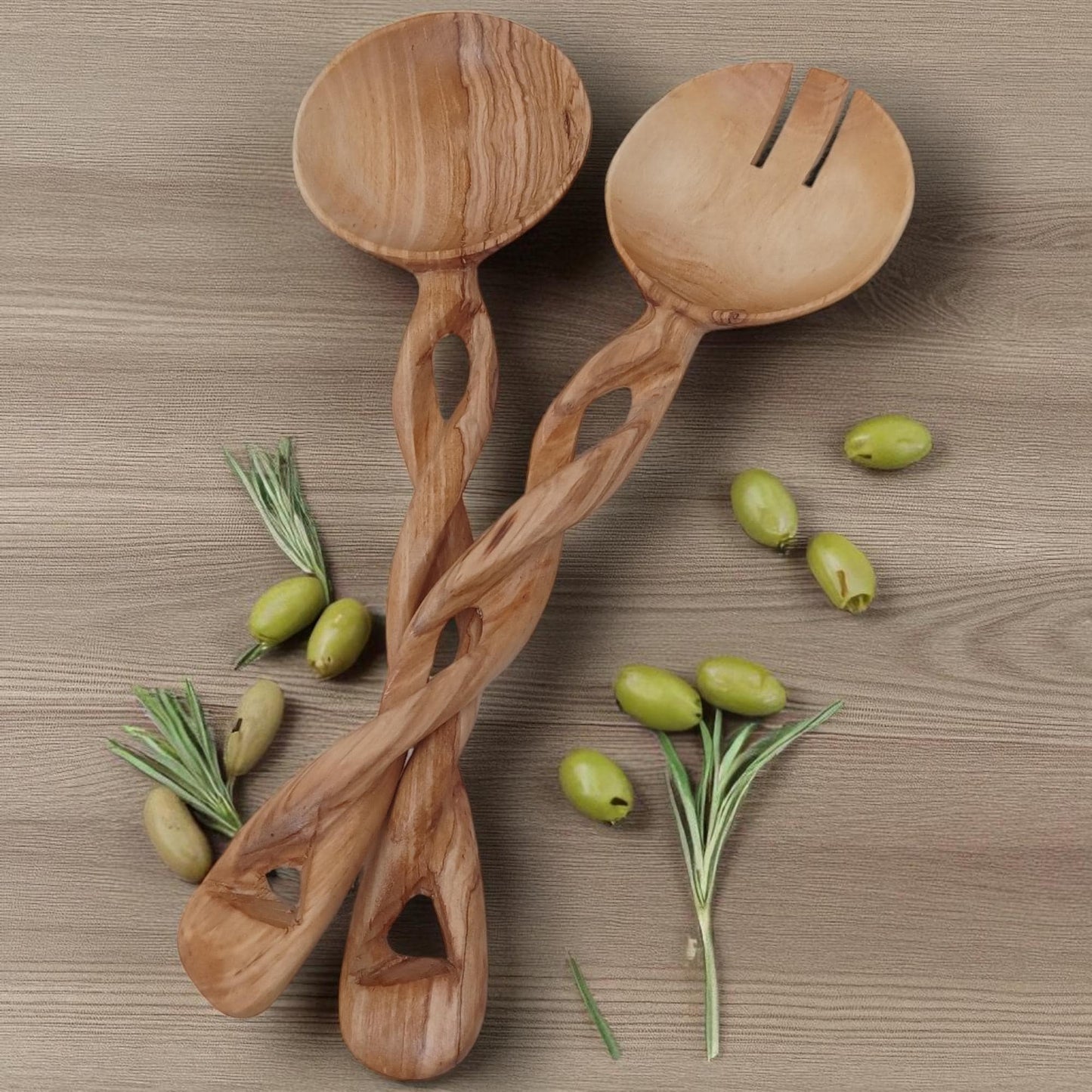 Hand-Carved Olivewood Salad Servers: Spiral Design, Chef Gift