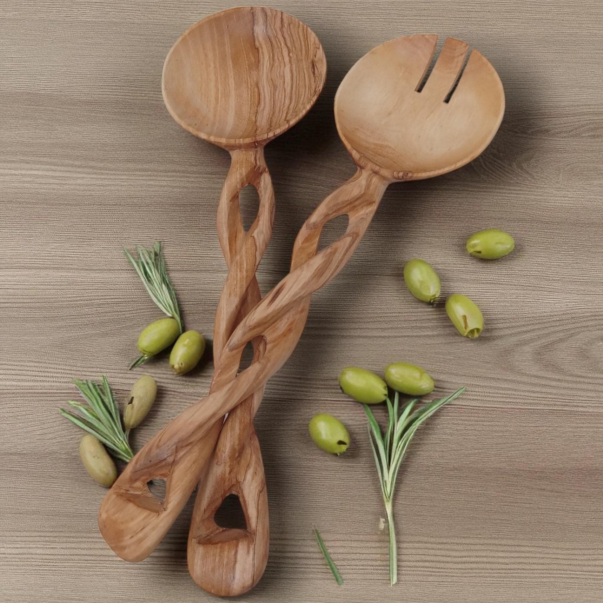 Hand-Carved Olivewood Salad Servers: Spiral Design, Chef Gift