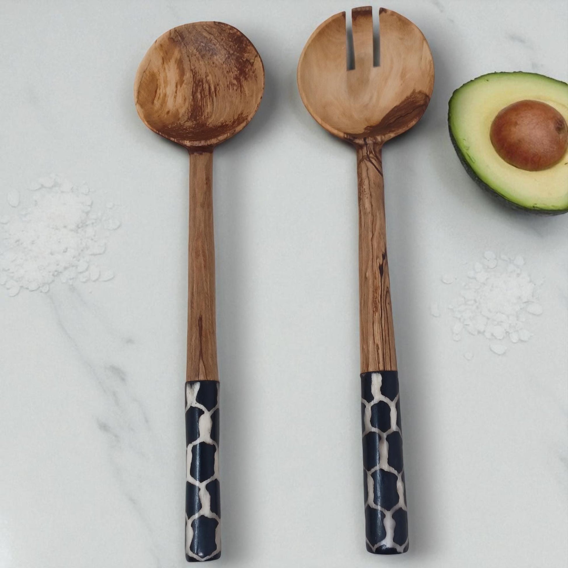 Olivewood Salad Servers: Batik Handle, Sustainable Kitchen Set