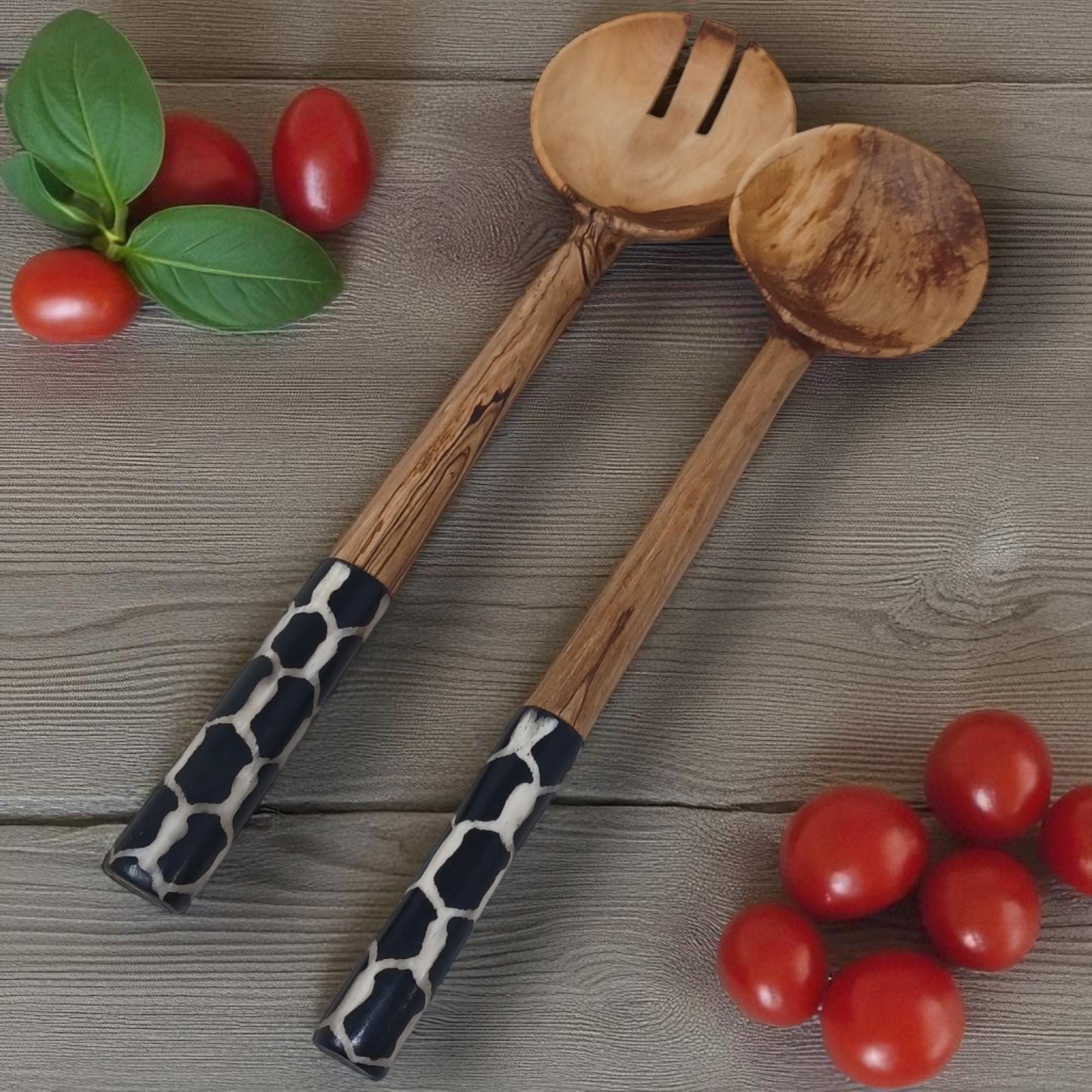 Chevron Olivewood Salad Servers: Hand-Carved Eco-Friendly Tableware