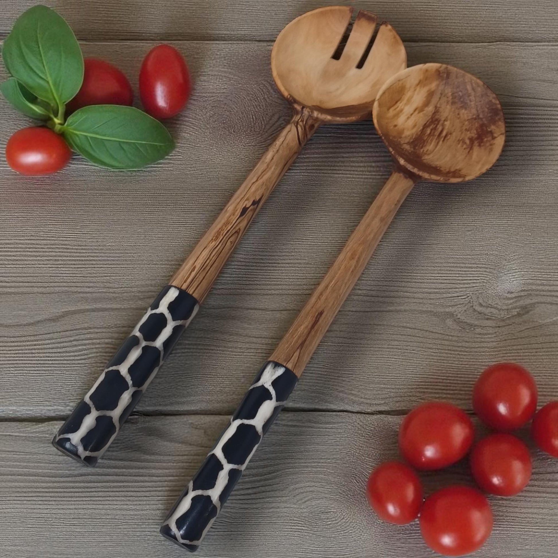 Chevron Olivewood Salad Servers: Hand-Carved Eco-Friendly Tableware