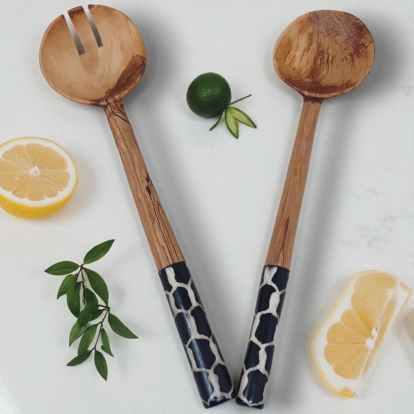 Olivewood Salad Servers: Batik Handle, Sustainable Kitchen Set