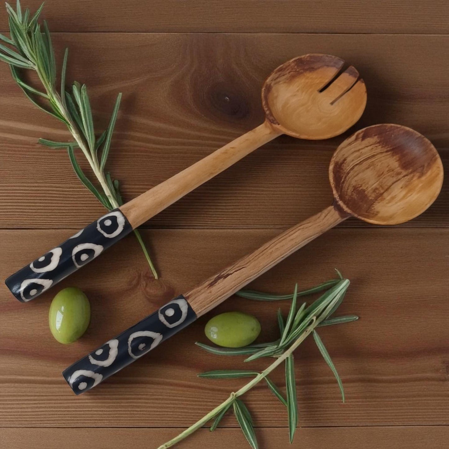 Chevron Olivewood Salad Servers: Hand-Carved Eco-Friendly Tableware