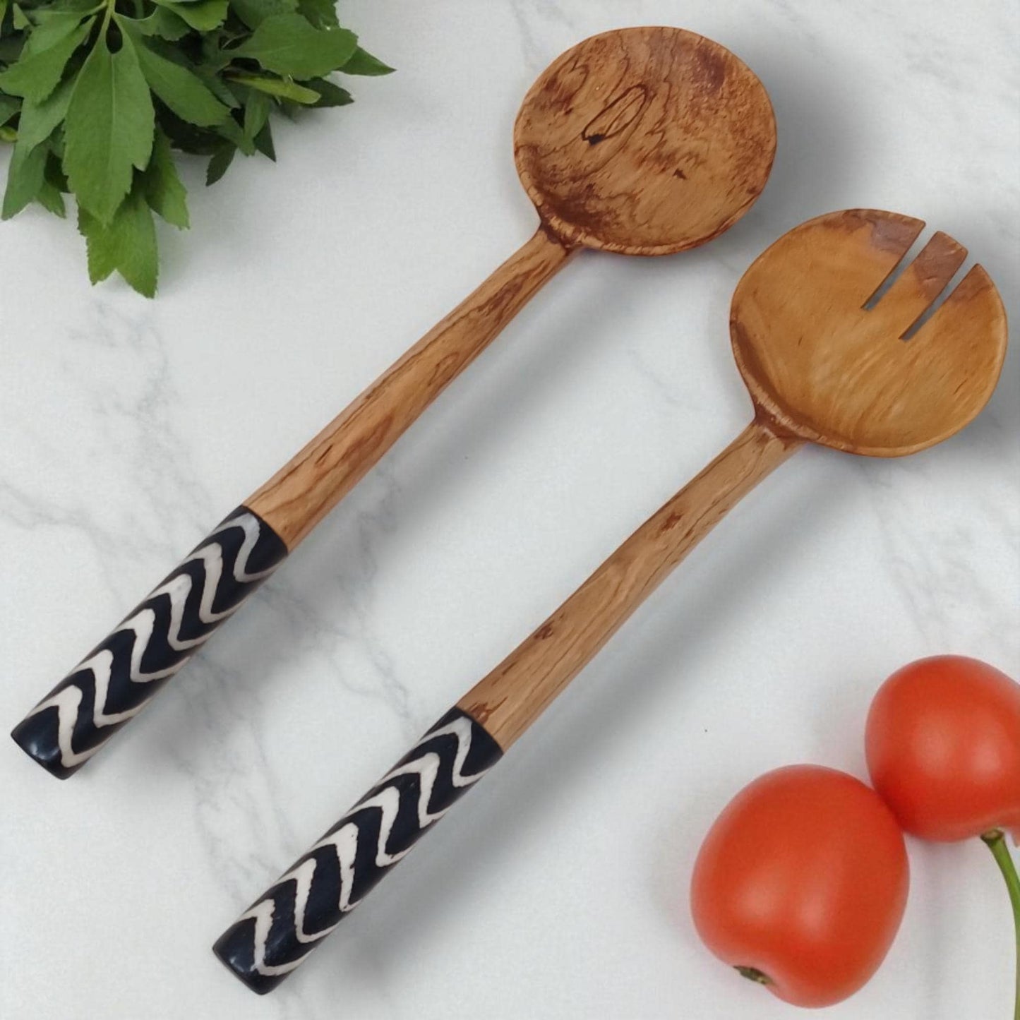 Olivewood Salad Servers: Batik Handle, Sustainable Kitchen Set