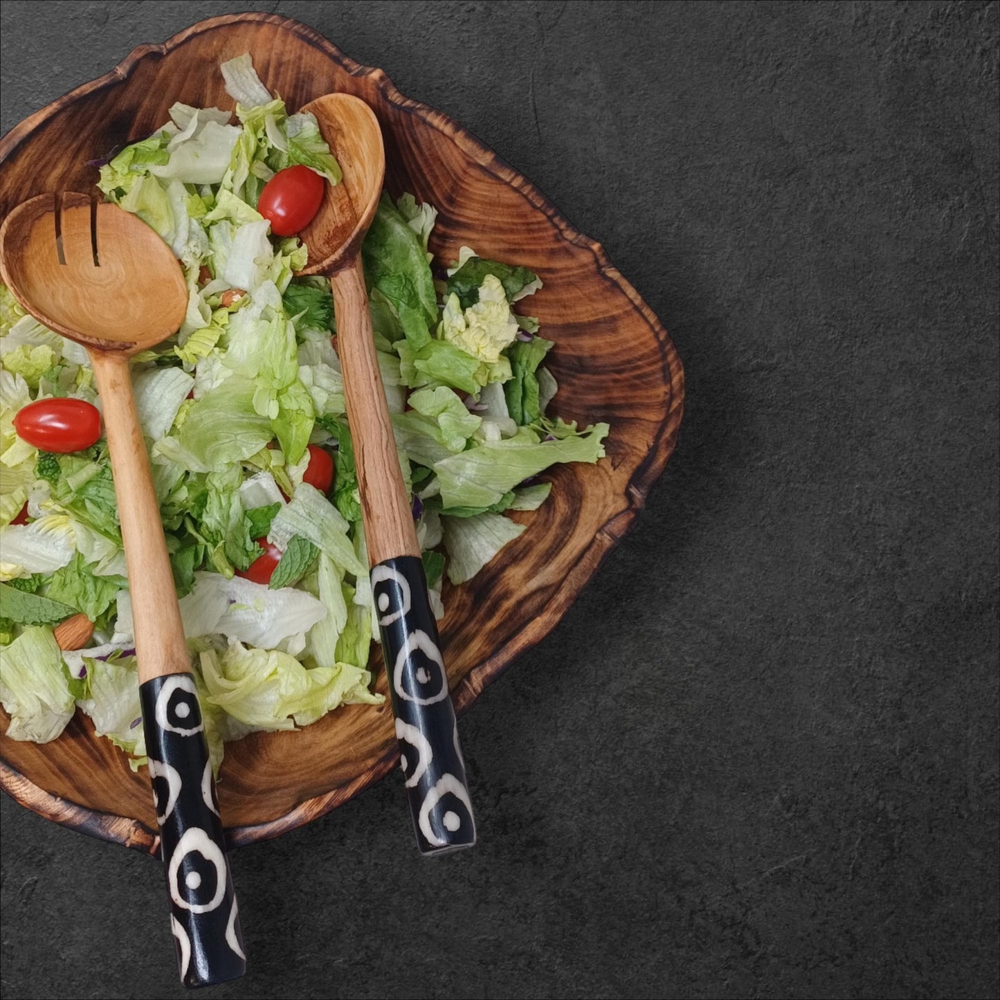 Olivewood Salad Servers: Batik Handle, Sustainable Kitchen Set