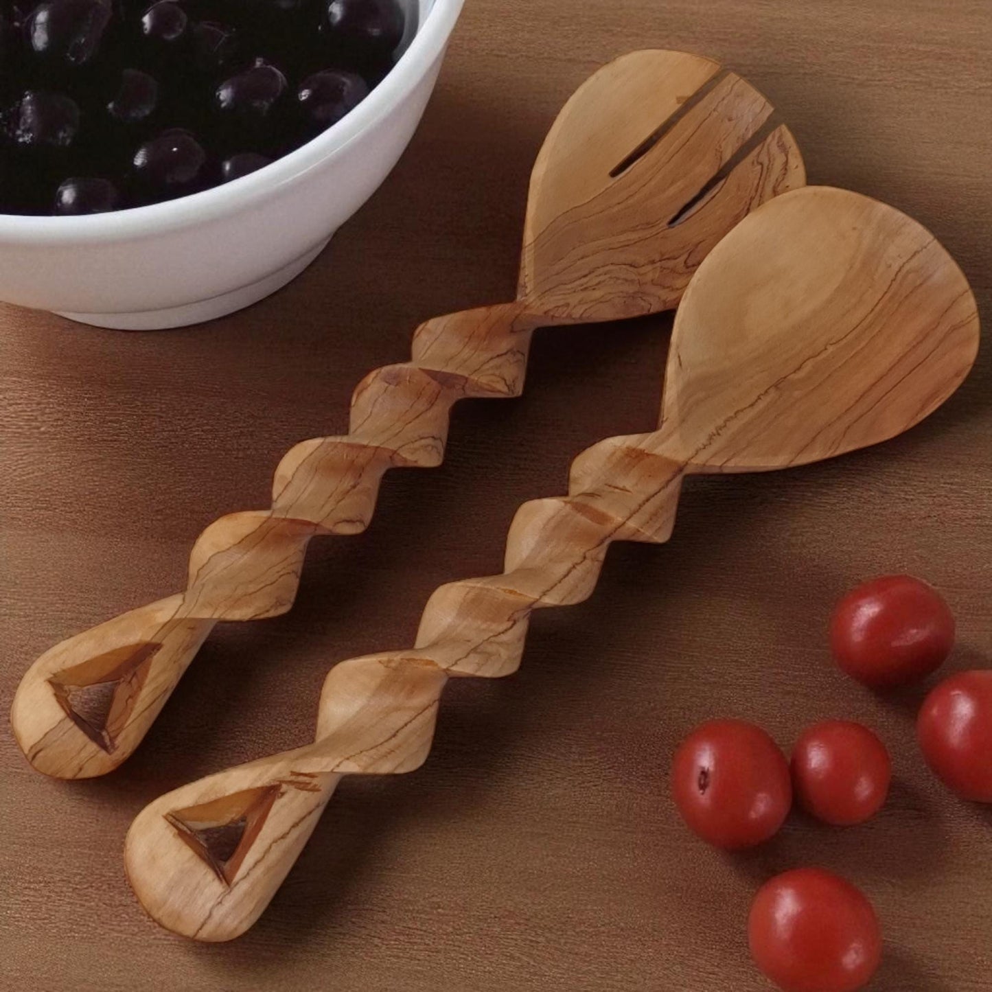 Twisted Olivewood Salad Servers | Sustainable Chef Gift | Housewarming & Birthday Present | Christmas Kitchen Utensils Handmade