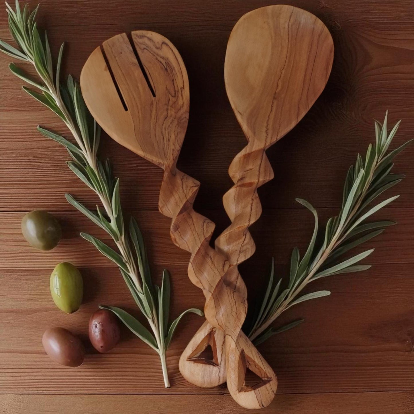 Twisted Olivewood Salad Servers | Sustainable Chef Gift | Housewarming & Birthday Present | Christmas Kitchen Utensils Handmade