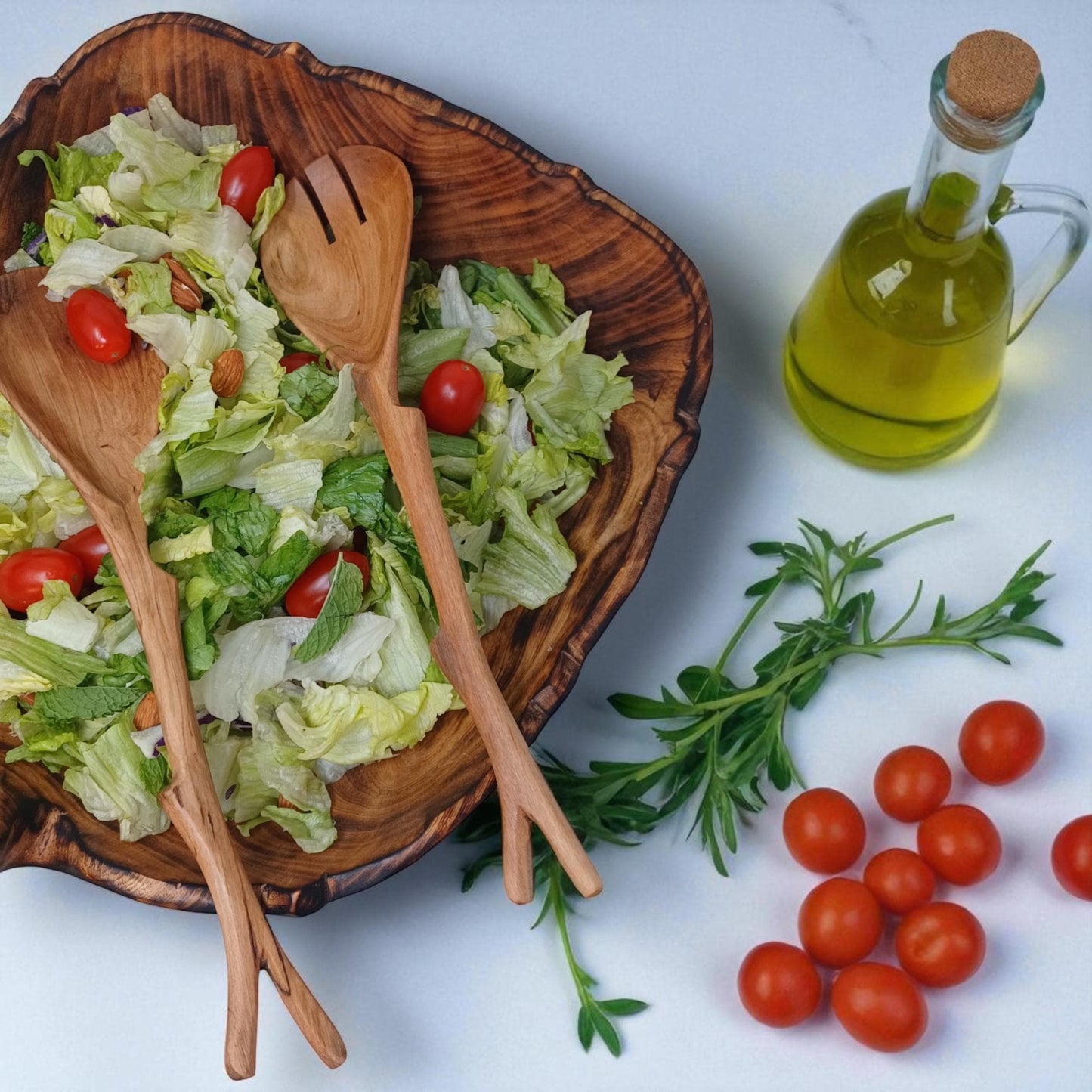 Hand Carved Olivewood Salad Servers: Rustic Kitchen Utensil Set