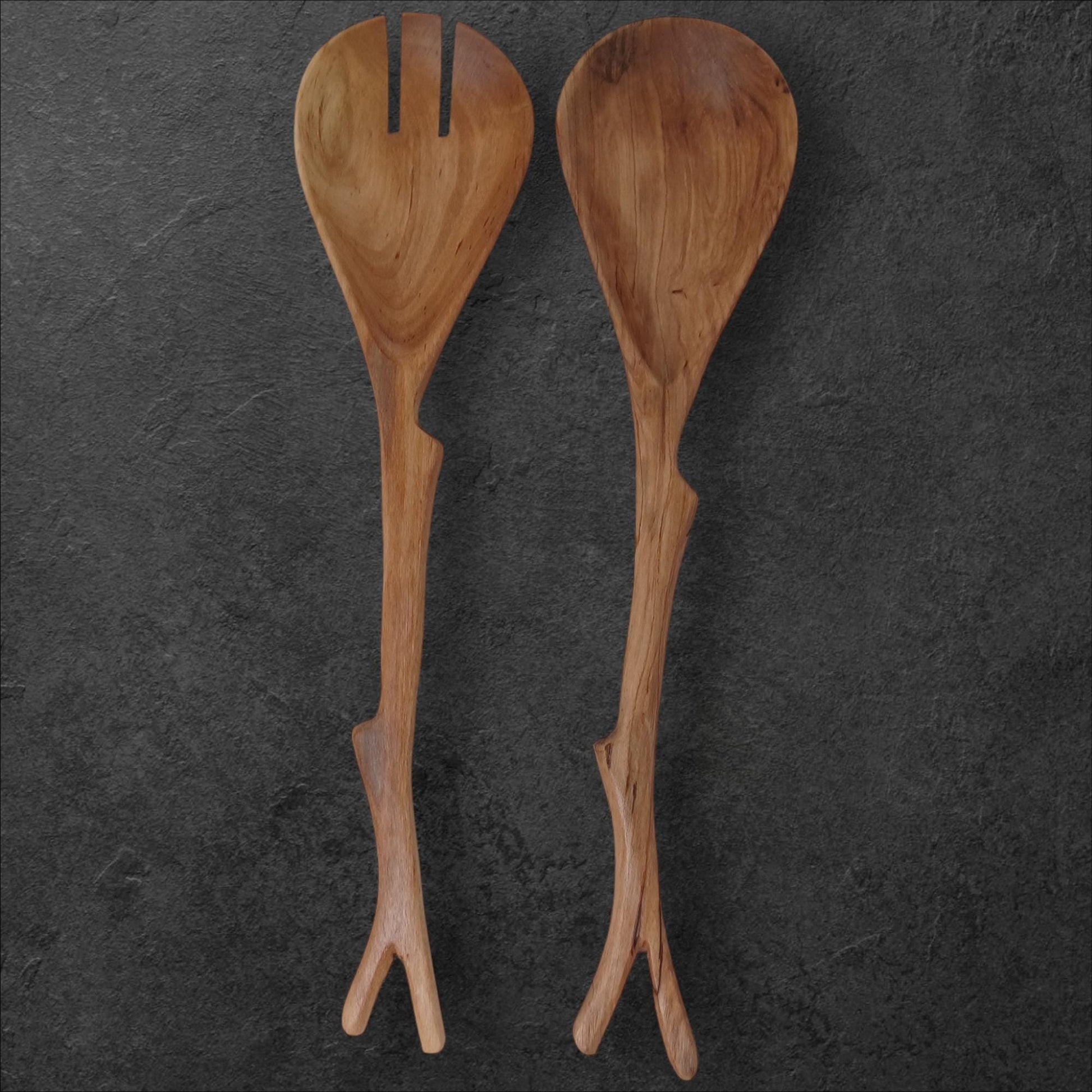Hand Carved Olivewood Salad Servers: Rustic Kitchen Utensil Set