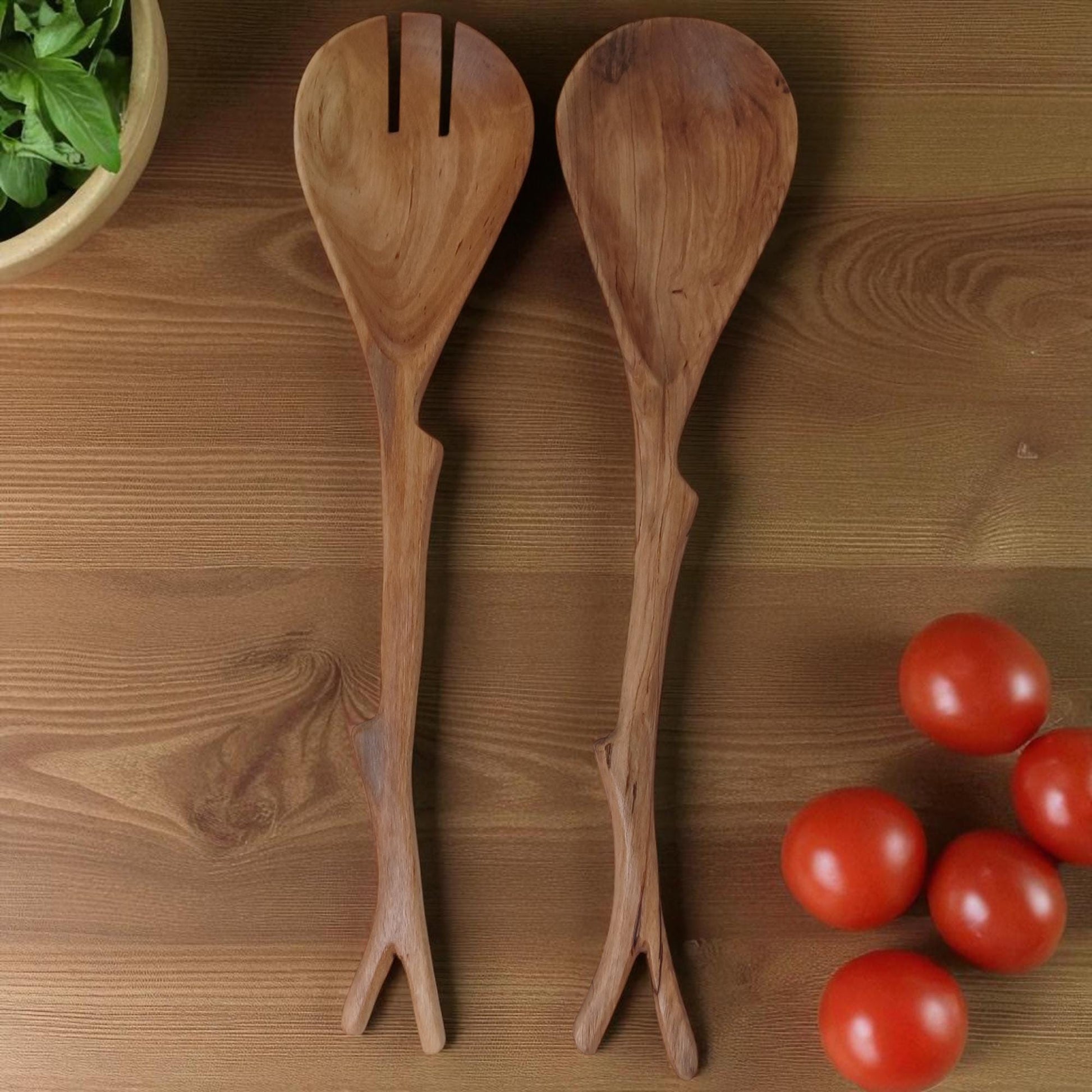 Hand Carved Olivewood Salad Servers: Rustic Kitchen Utensil Set