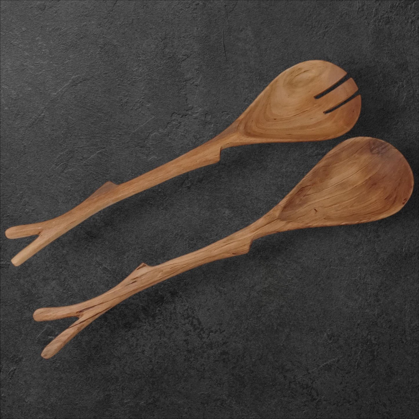 Hand Carved Olivewood Salad Servers: Rustic Kitchen Utensil Set