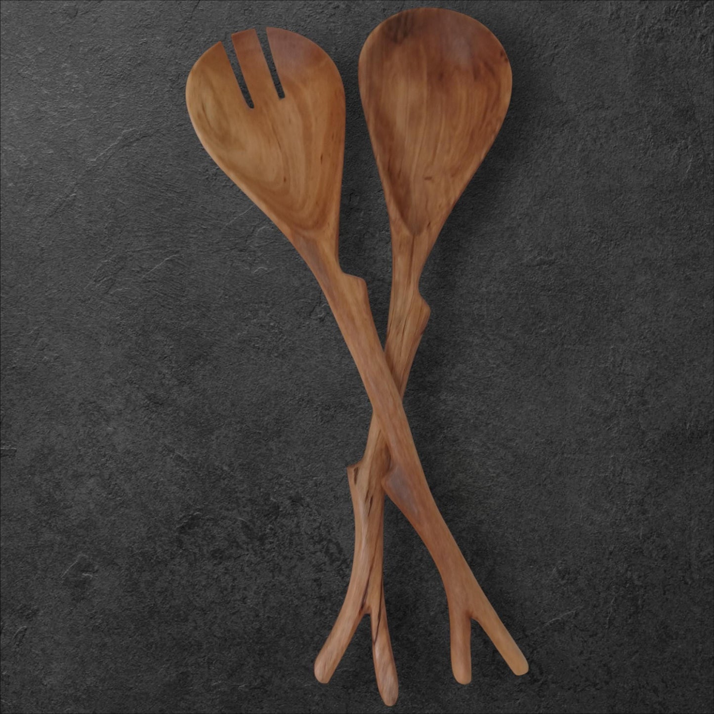 Hand Carved Olivewood Salad Servers: Rustic Kitchen Utensil Set