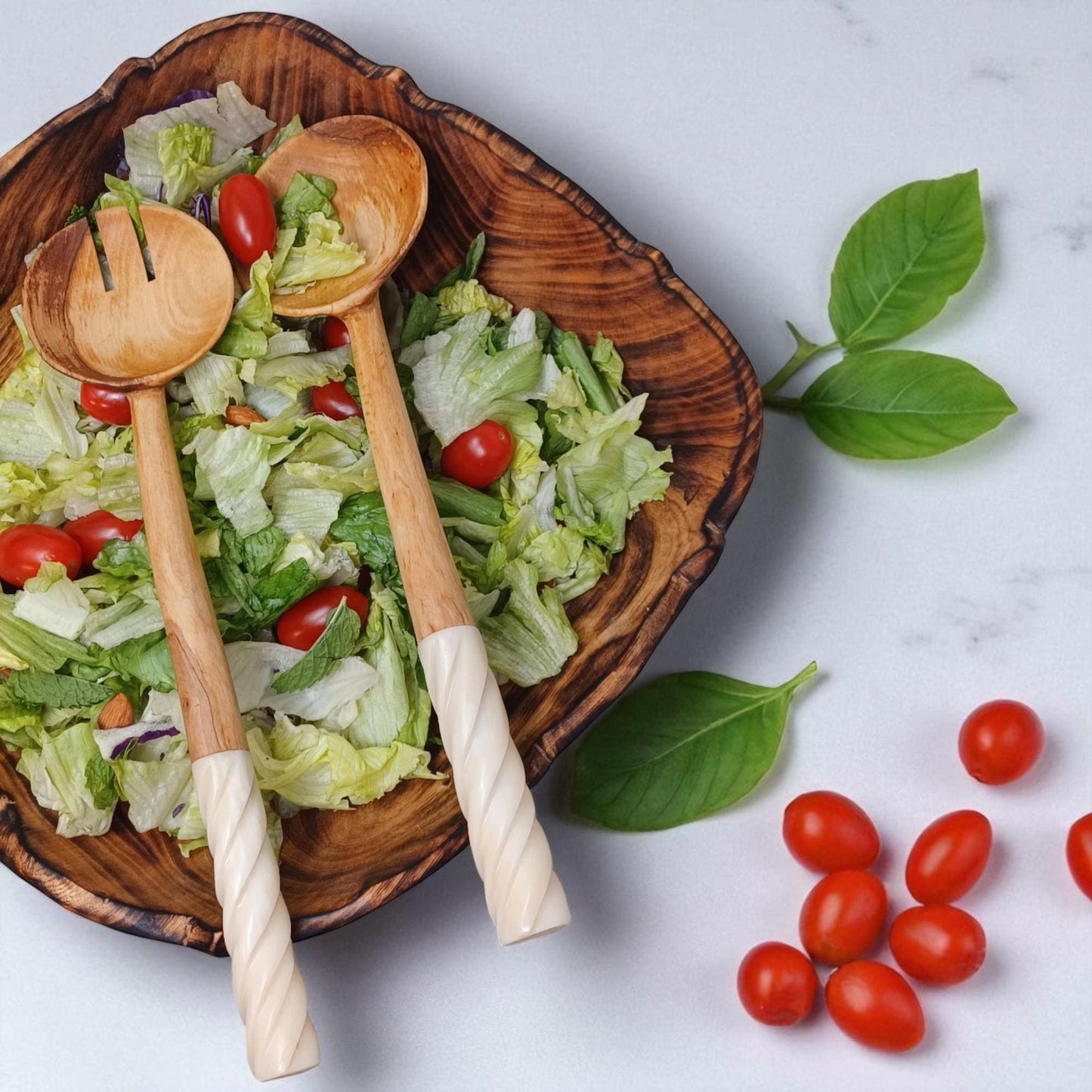 Handmade Olivewood Salad Servers with White Spiral Handle