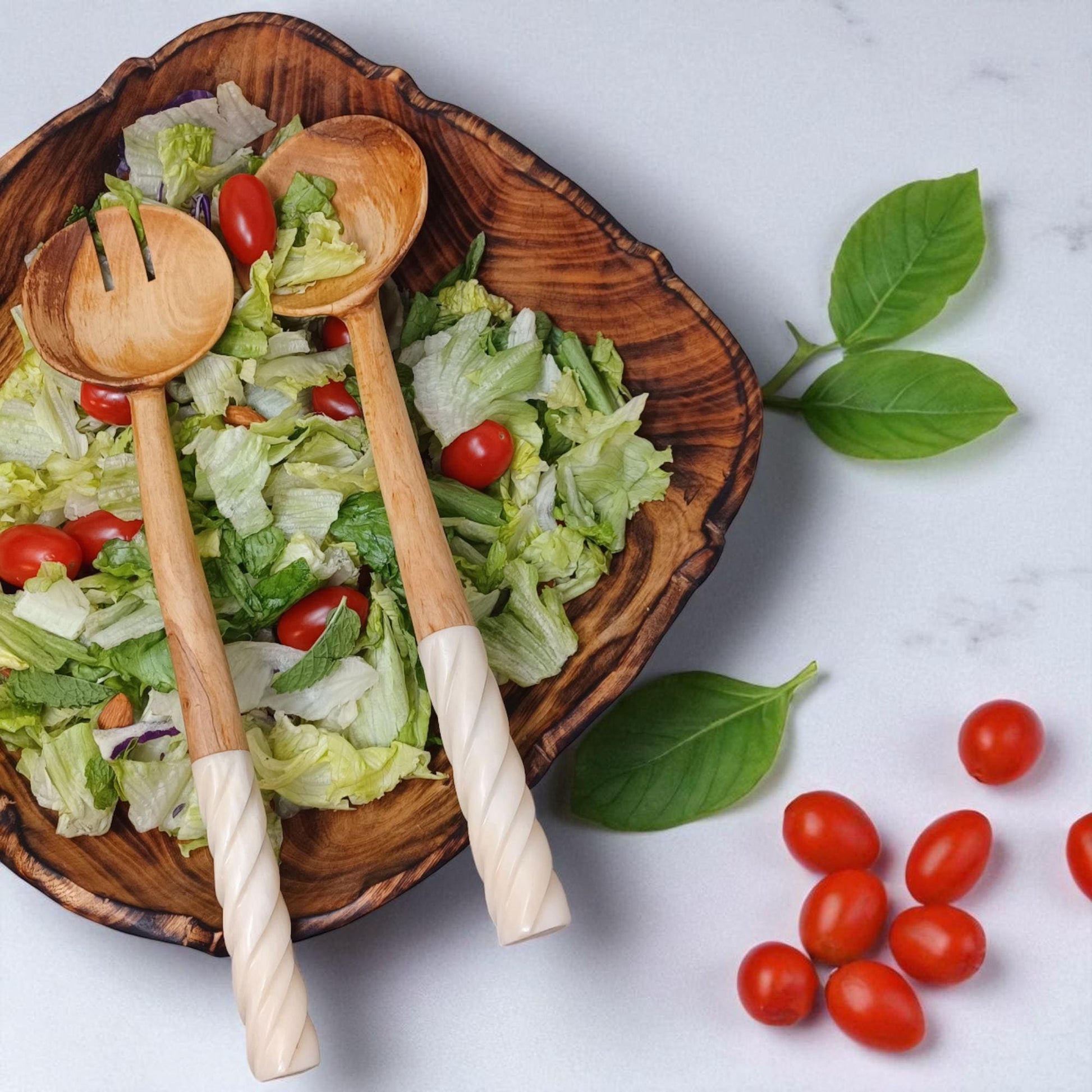 Handmade Olivewood Salad Servers with White Spiral Handle