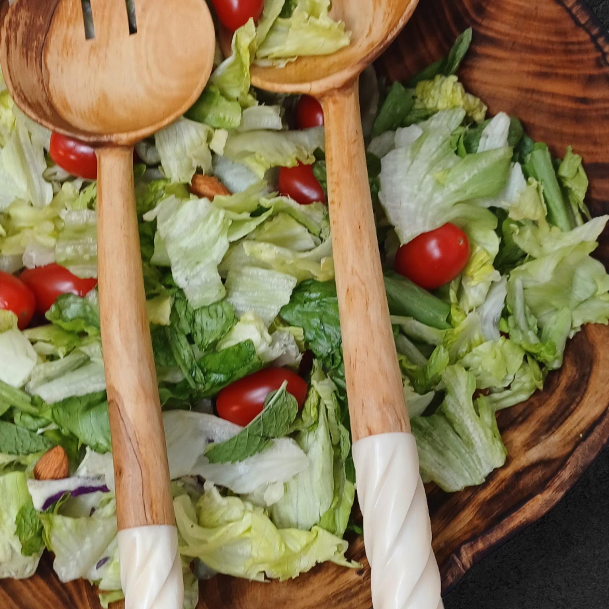 Handmade Olivewood Salad Servers with White Spiral Handle