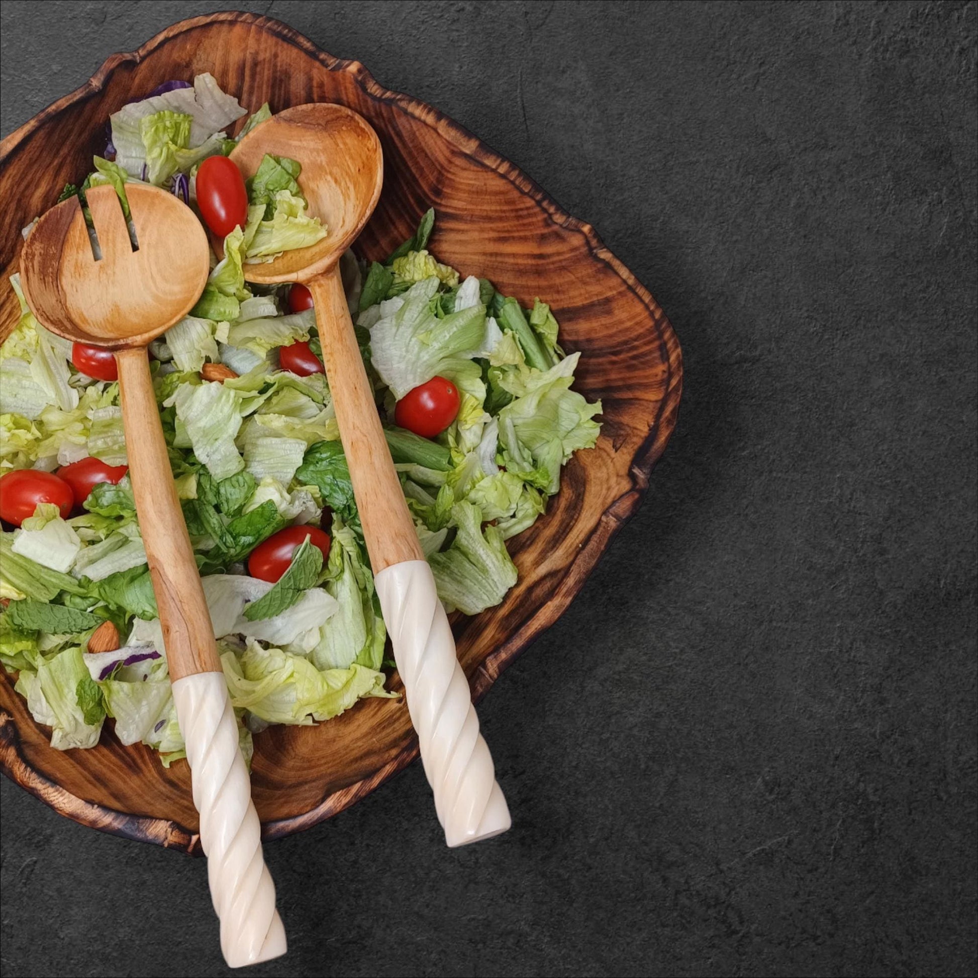 Handmade Olivewood Salad Servers with White Spiral Handle