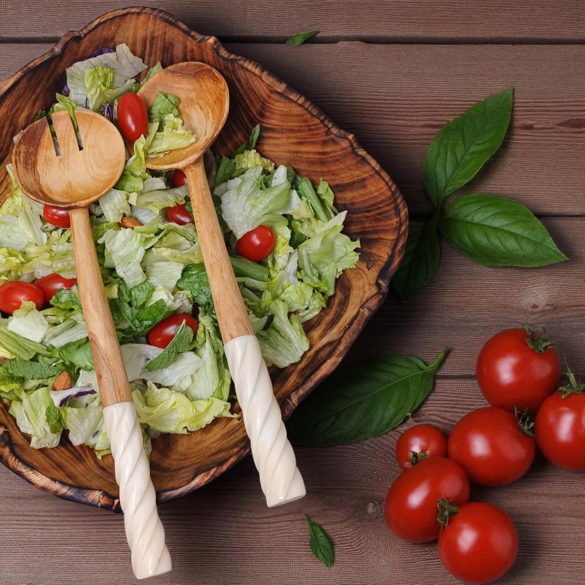 Handmade Olivewood Salad Servers with White Spiral Handle