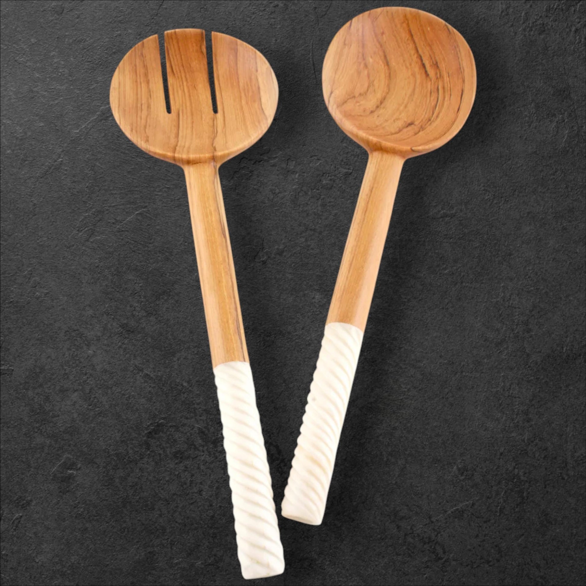 Handmade Olivewood Salad Servers with White Spiral Handle